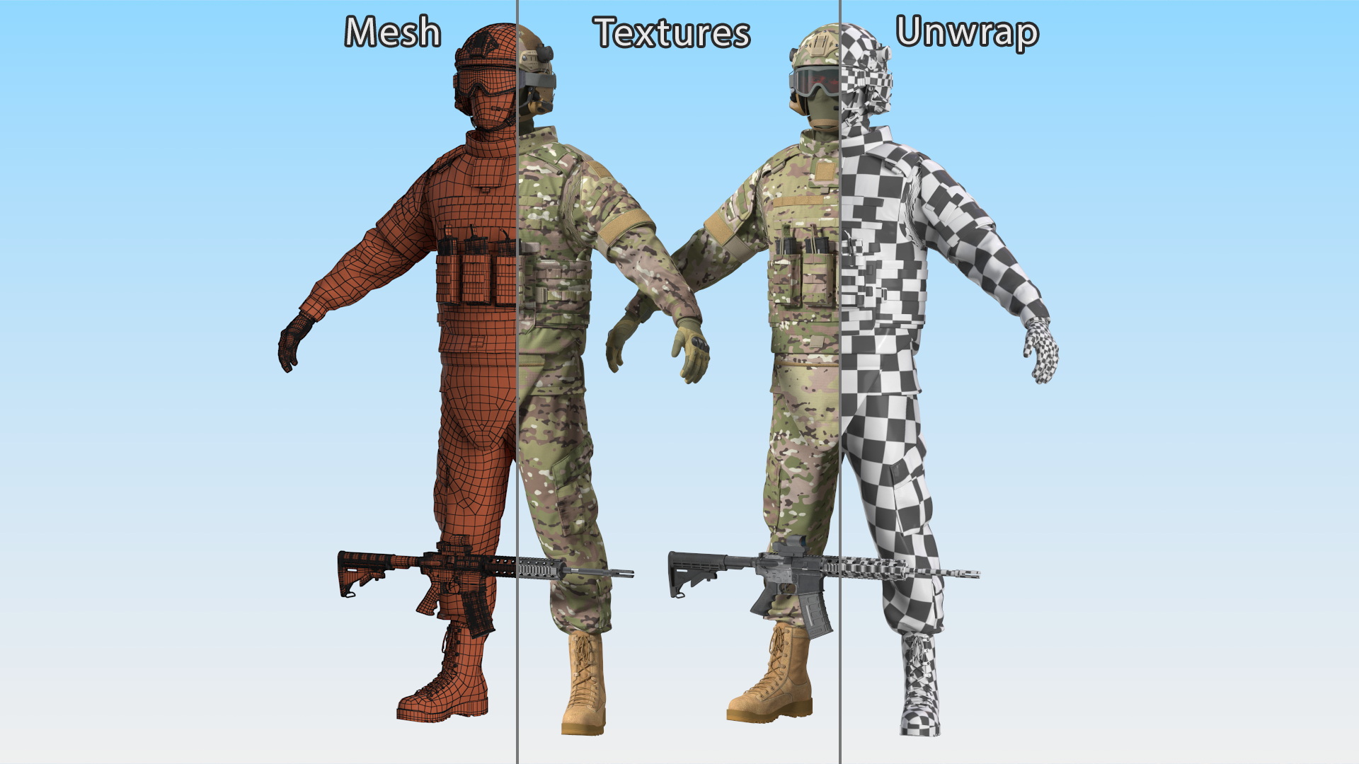 Army Soldier in Green Camo Fur Rigged 3D