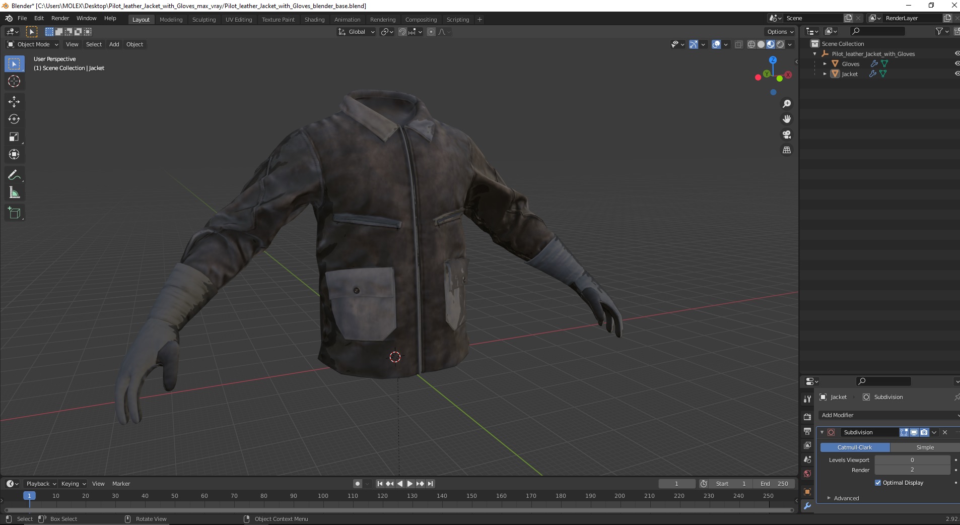 Pilot leather Jacket with Gloves 3D