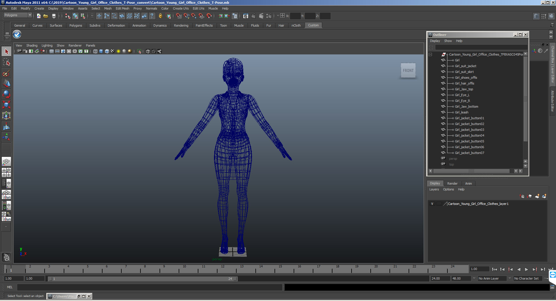 3D model Cartoon Young Girl Office Clothes T-Pose