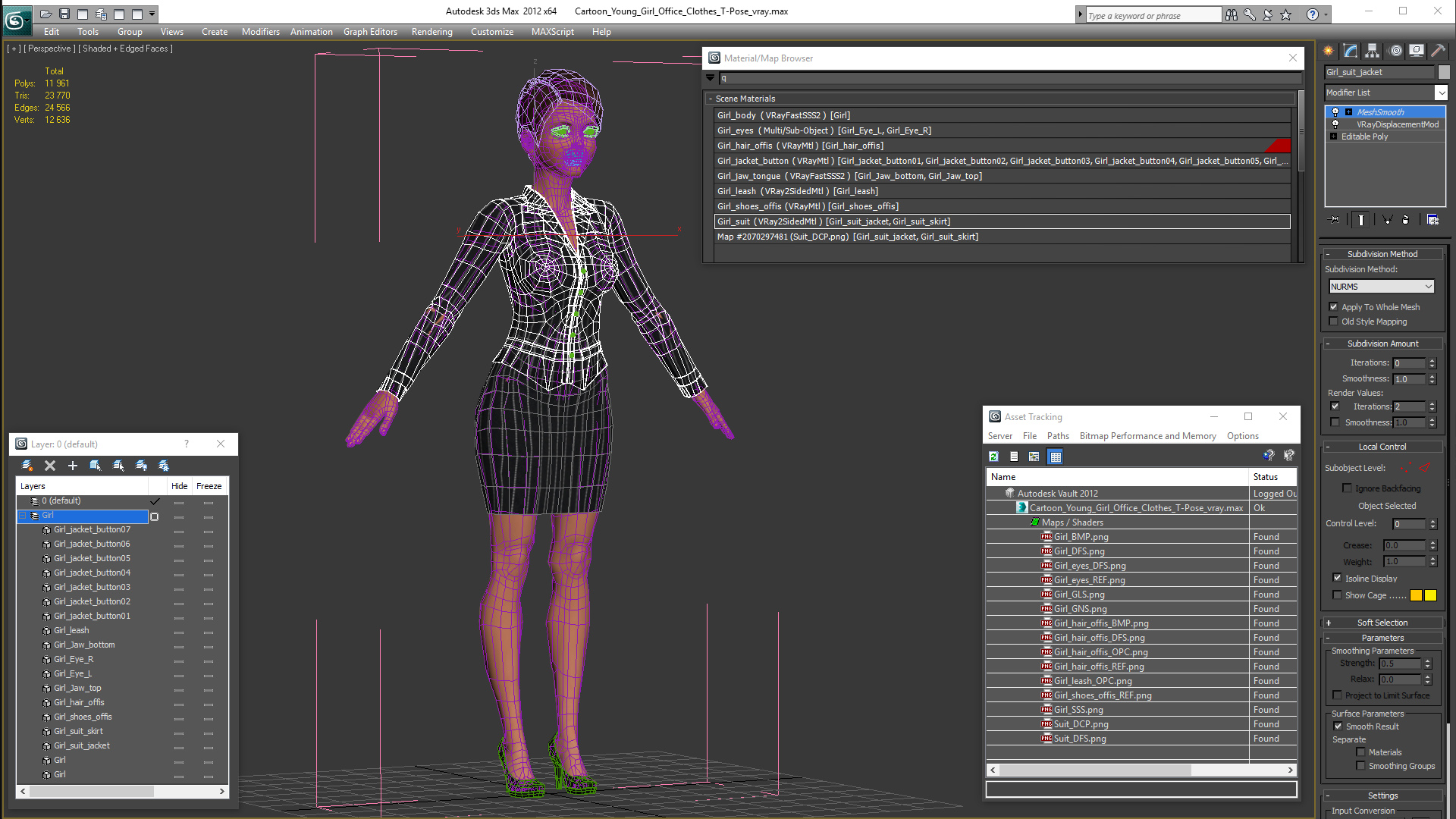 3D model Cartoon Young Girl Office Clothes T-Pose