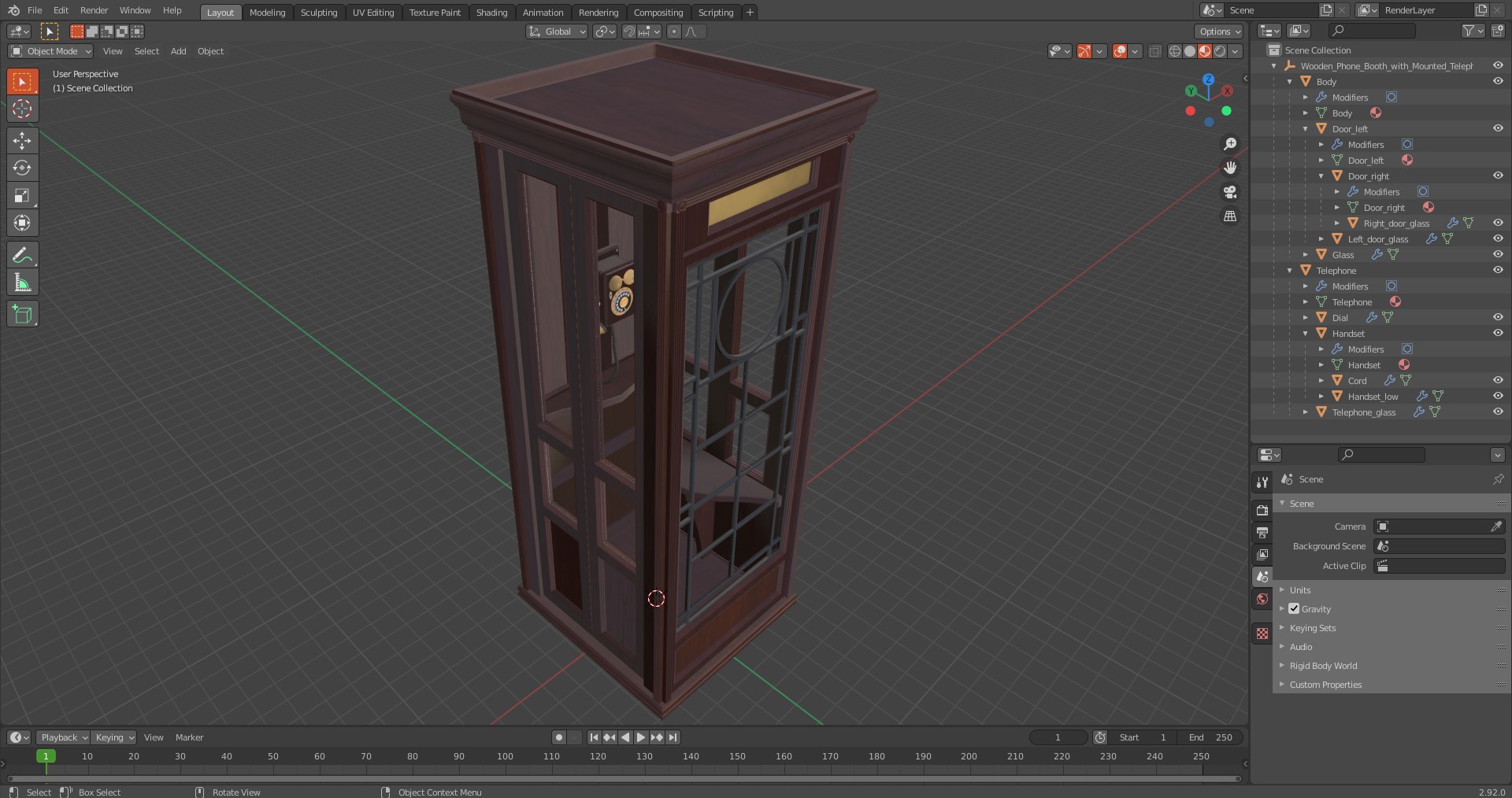 3D Wooden Phone Booth with Mounted Telephone