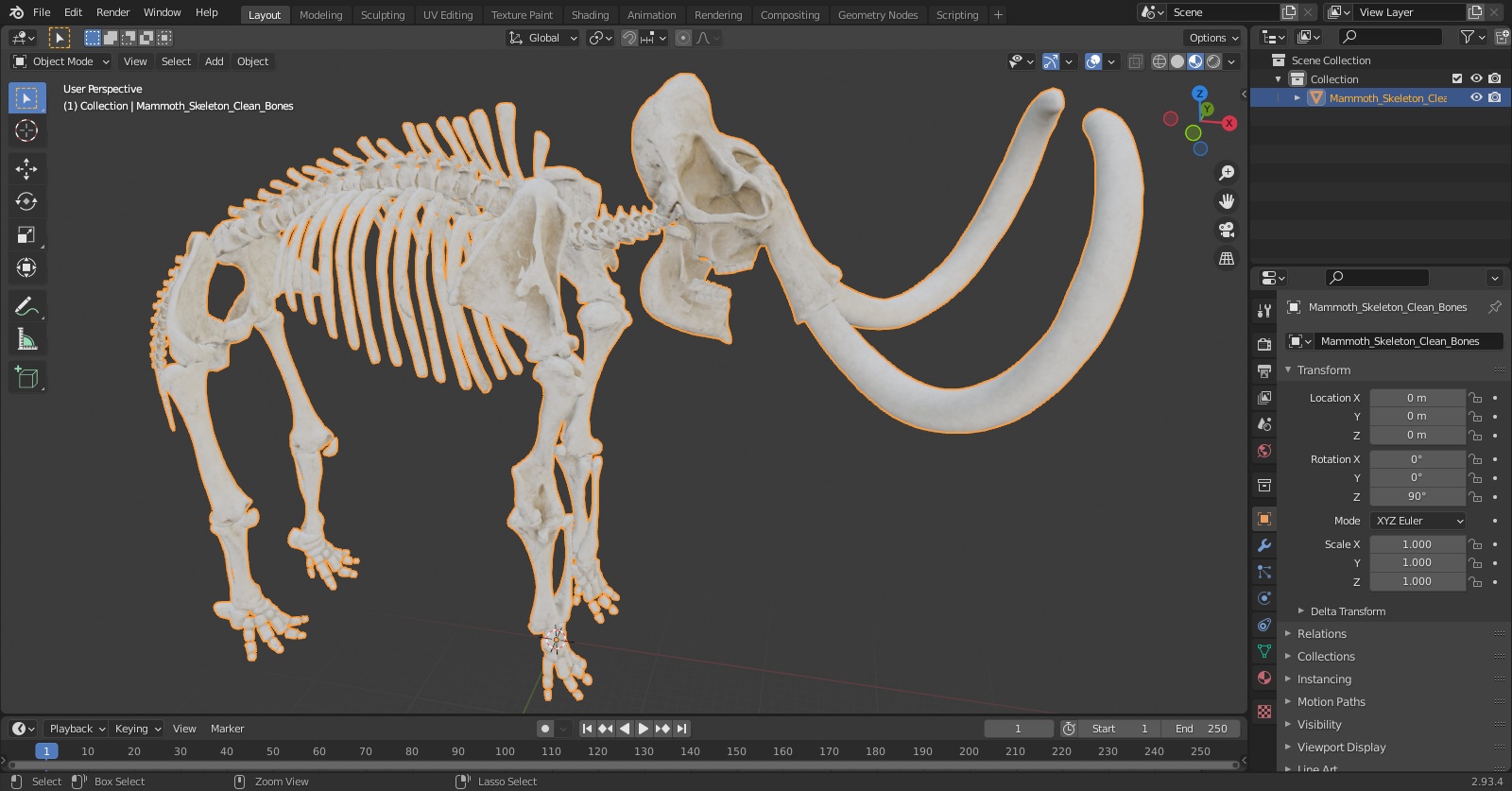 3D Mammoth Skeleton Clean Bones model