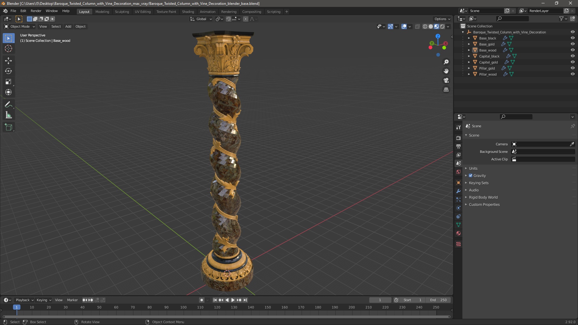 3D Baroque Twisted Column with Vine Decoration model