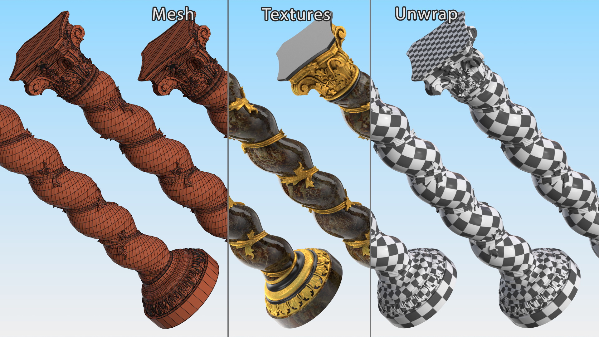 3D Baroque Twisted Column with Vine Decoration model