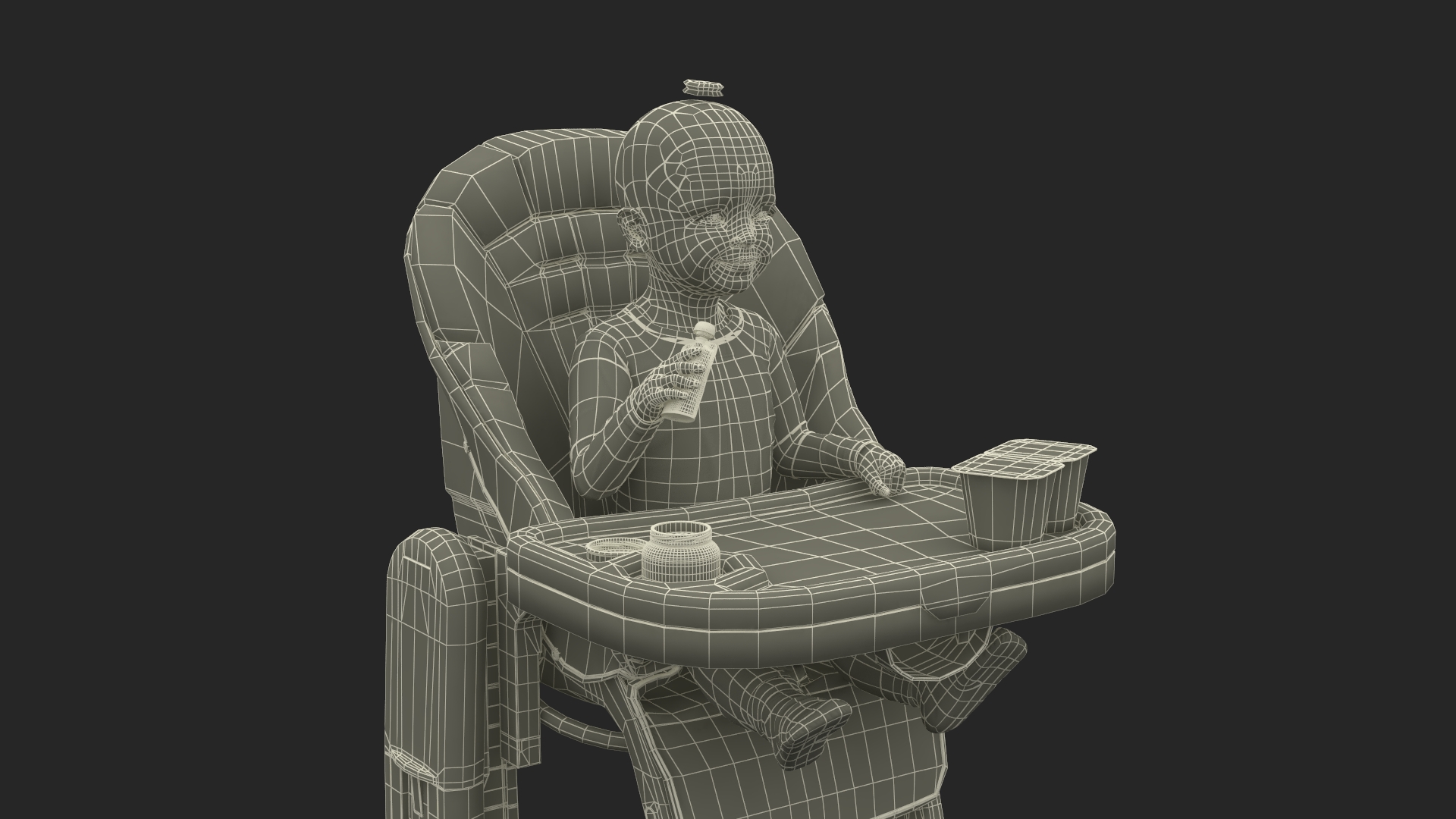 Toddler Girl Eating in High Chair Fur 3D
