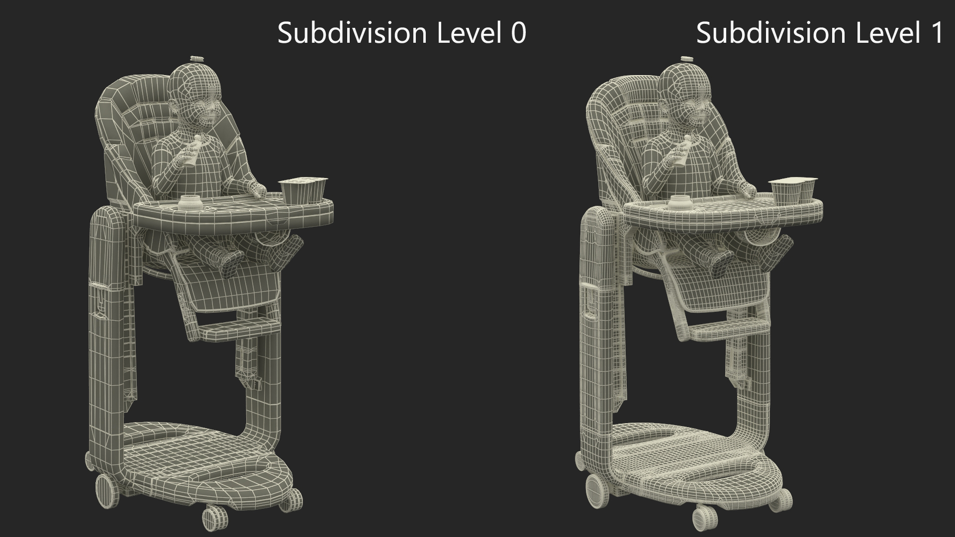 Toddler Girl Eating in High Chair Fur 3D