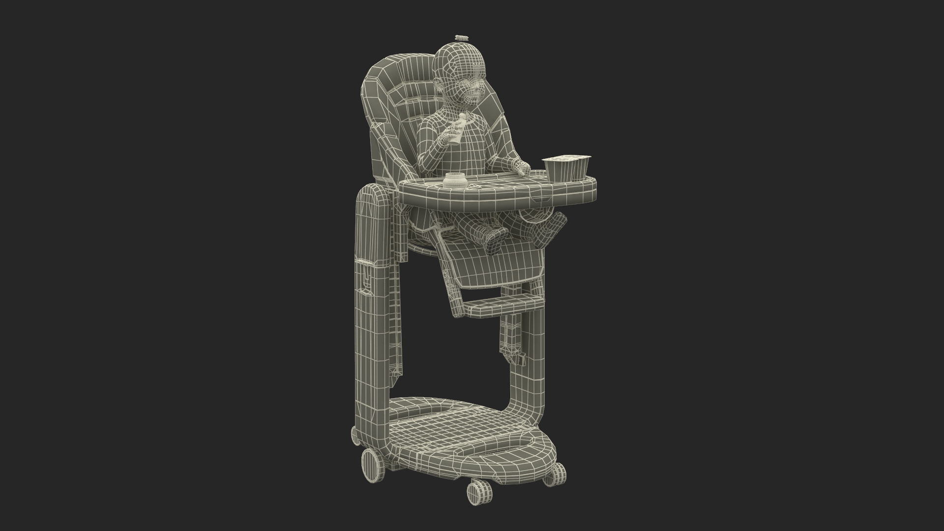 Toddler Girl Eating in High Chair Fur 3D