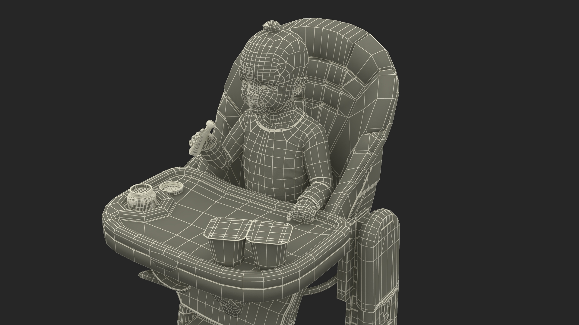 Toddler Girl Eating in High Chair Fur 3D