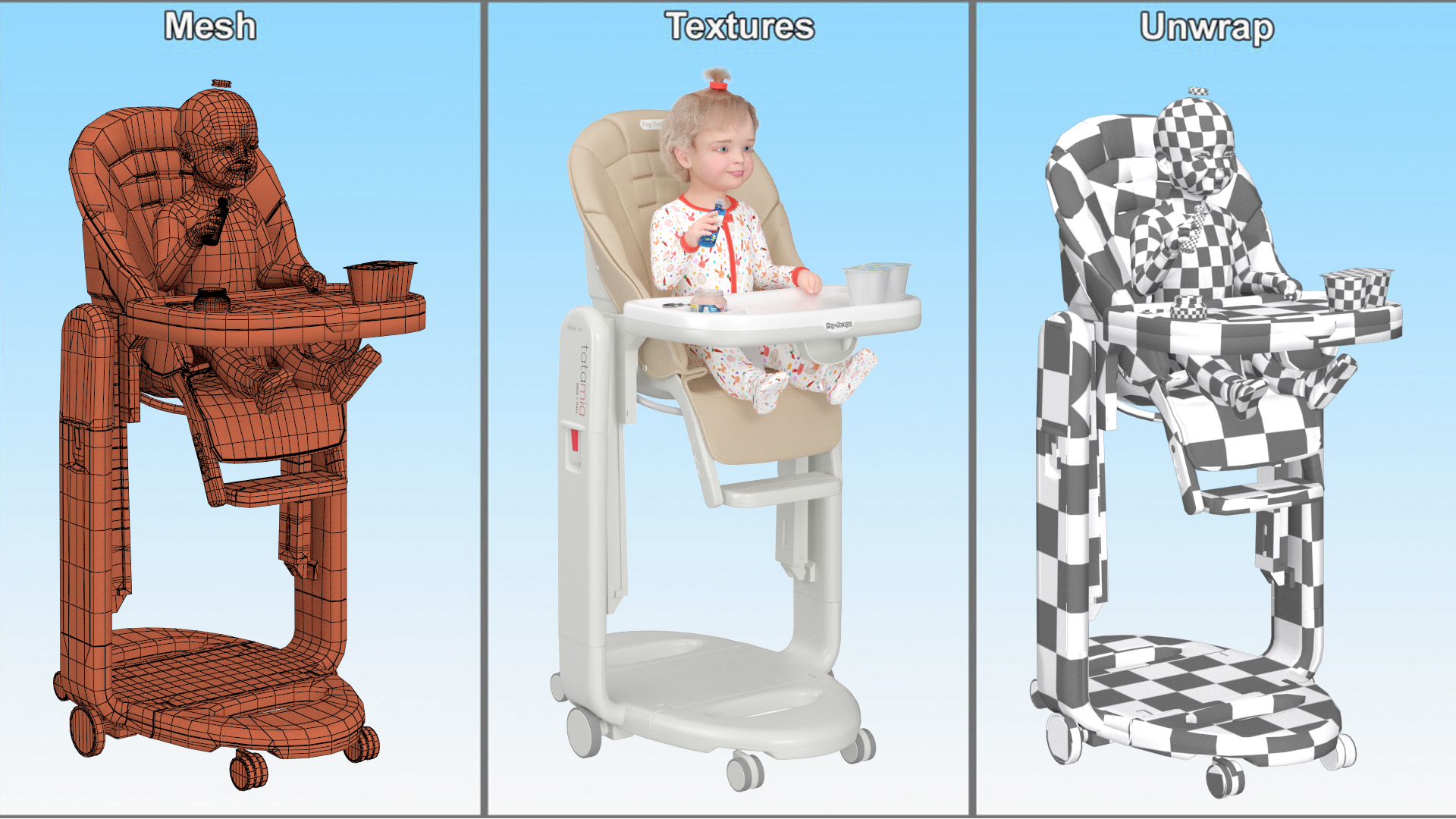 Toddler Girl Eating in High Chair Fur 3D