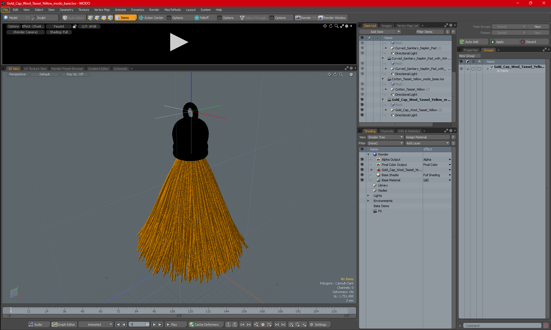 Gold Cap Wool Tassel Yellow 3D