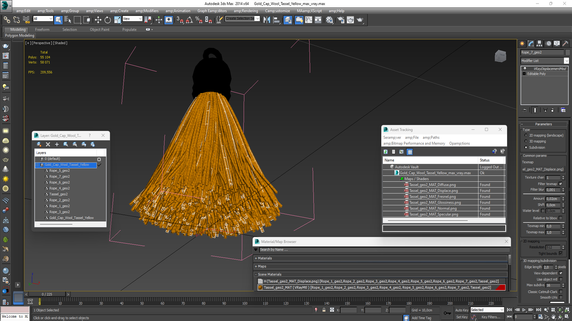 Gold Cap Wool Tassel Yellow 3D