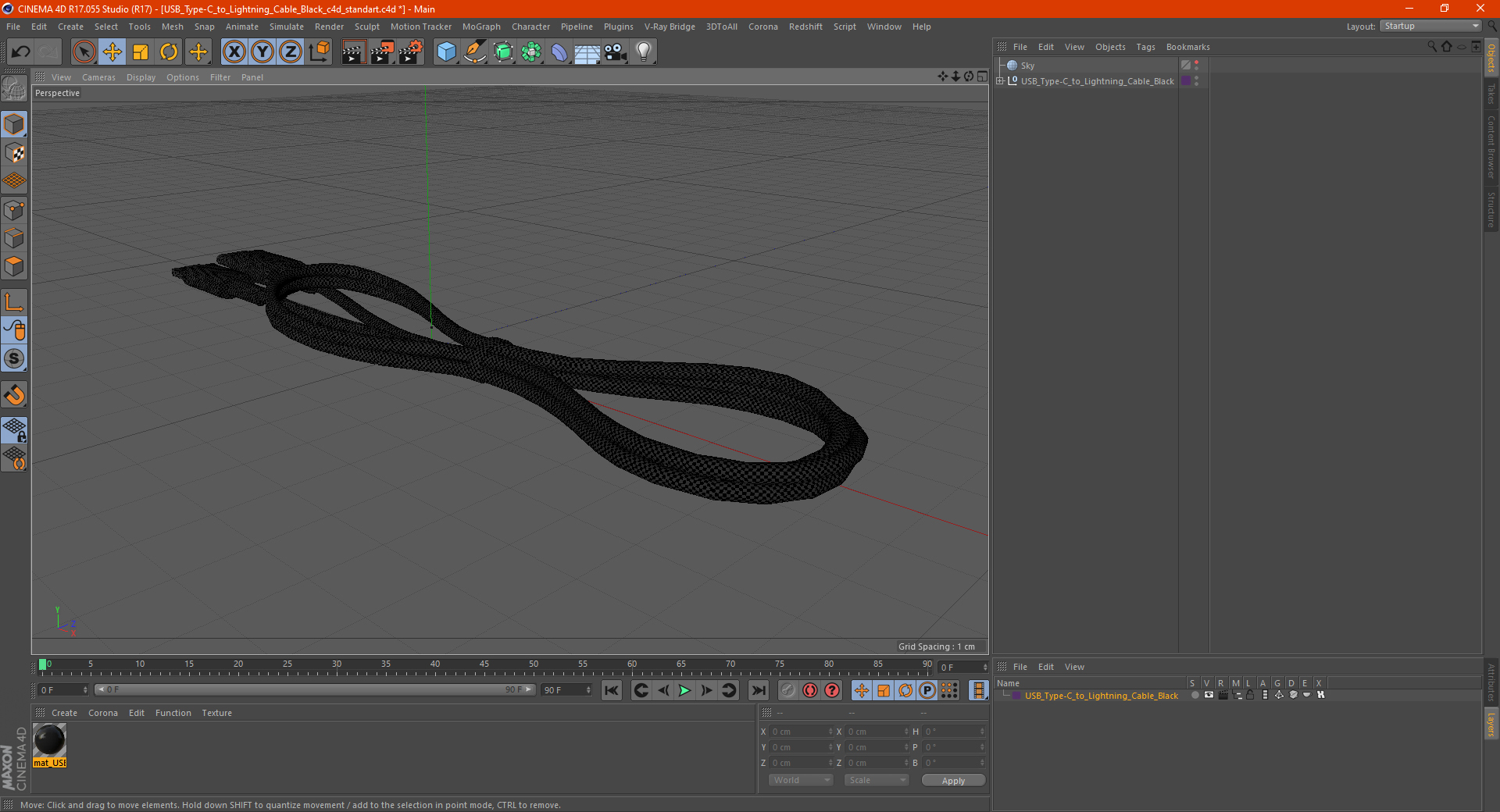 3D model USB Type-C to Lightning Cable Black