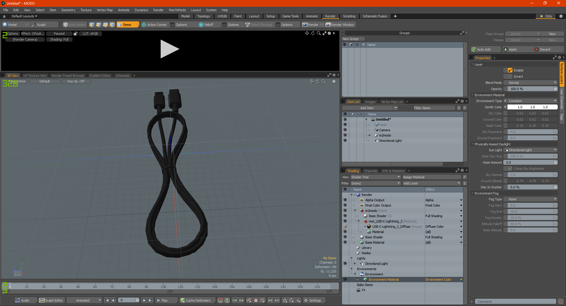 3D model USB Type-C to Lightning Cable Black