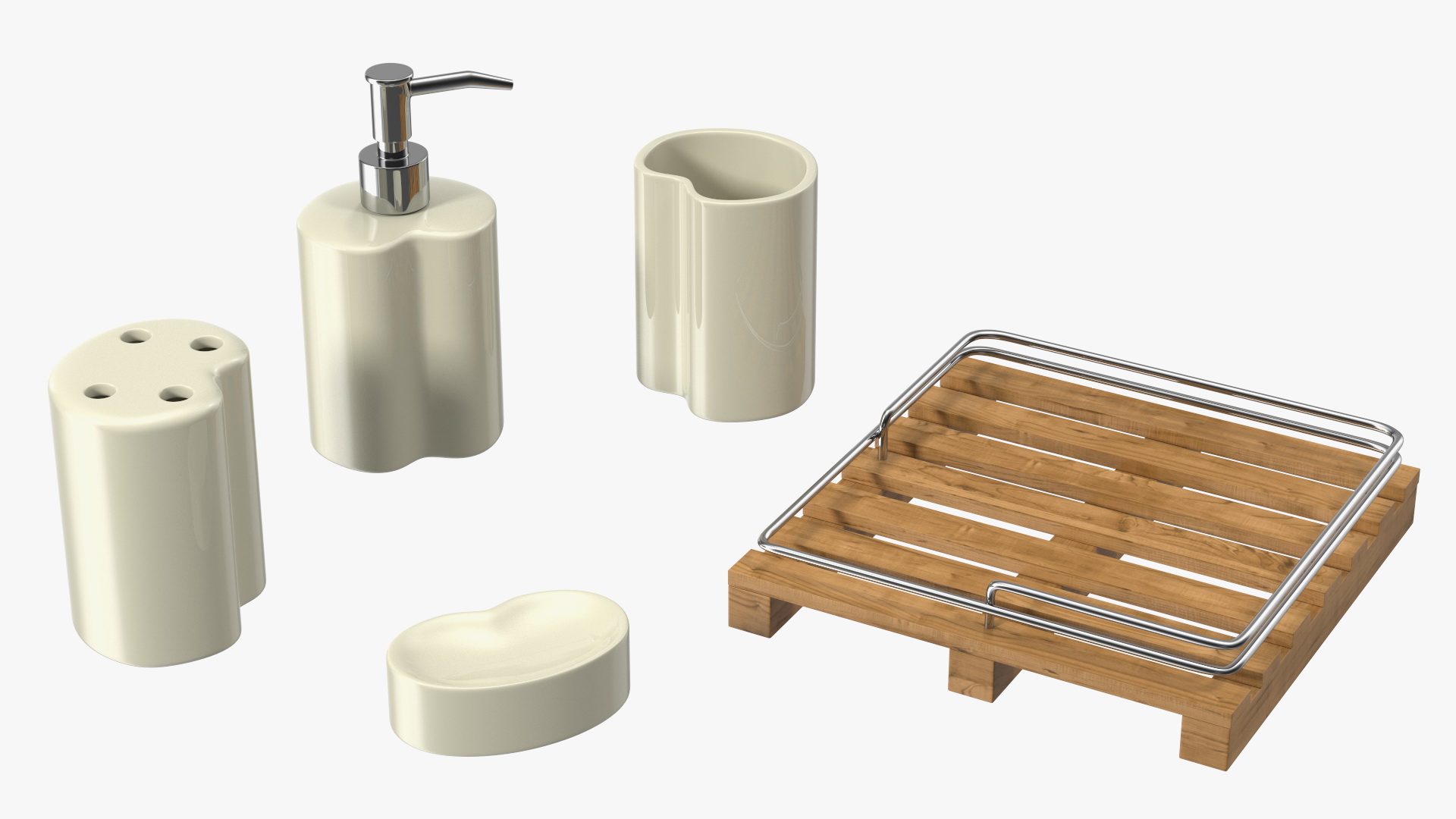 Bathroom Accessory Set Wooden Rack 3D model