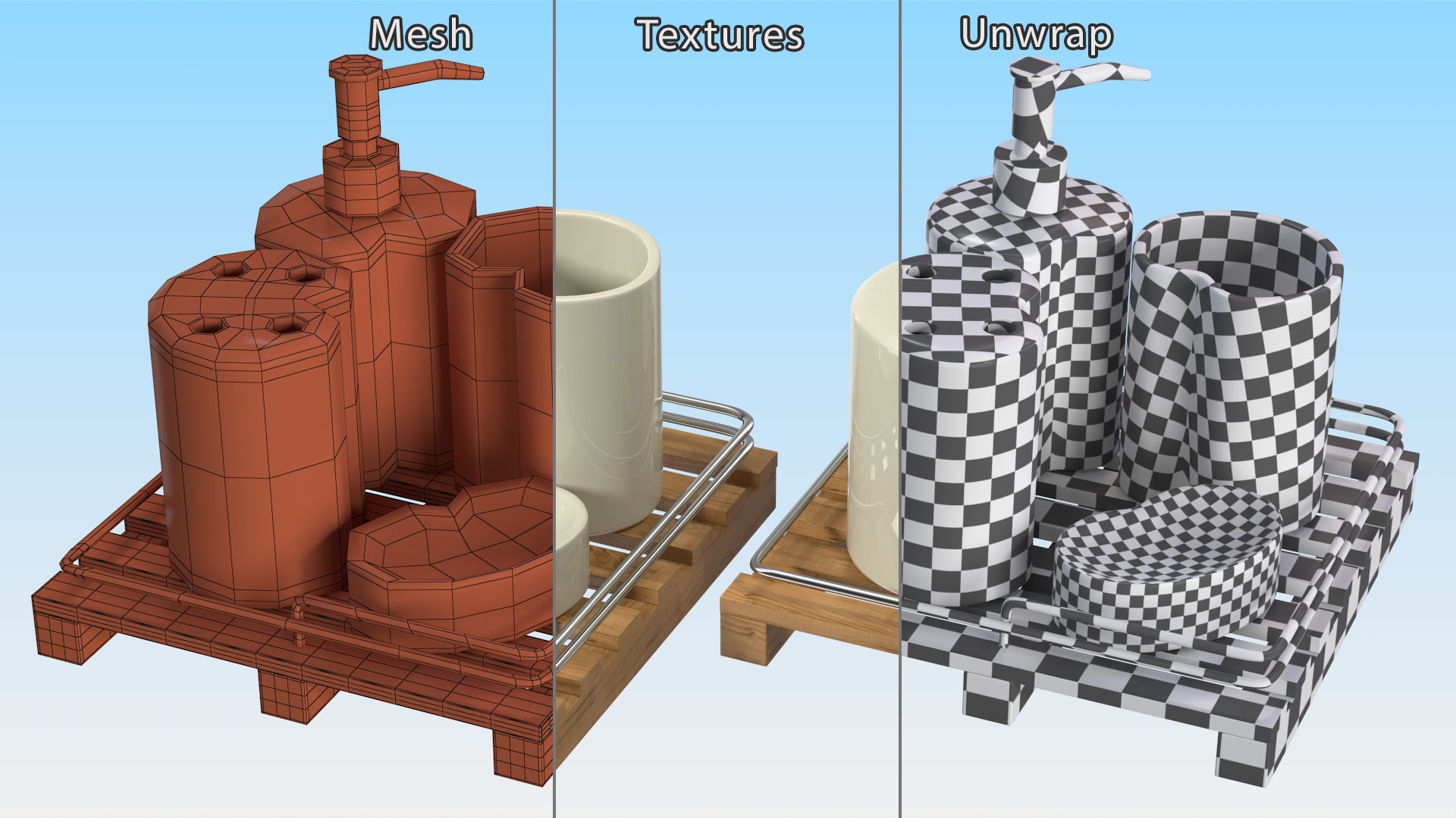 Bathroom Accessory Set Wooden Rack 3D model