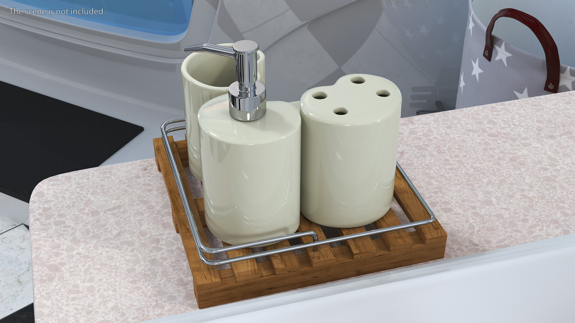 Bathroom Accessory Set Wooden Rack 3D model