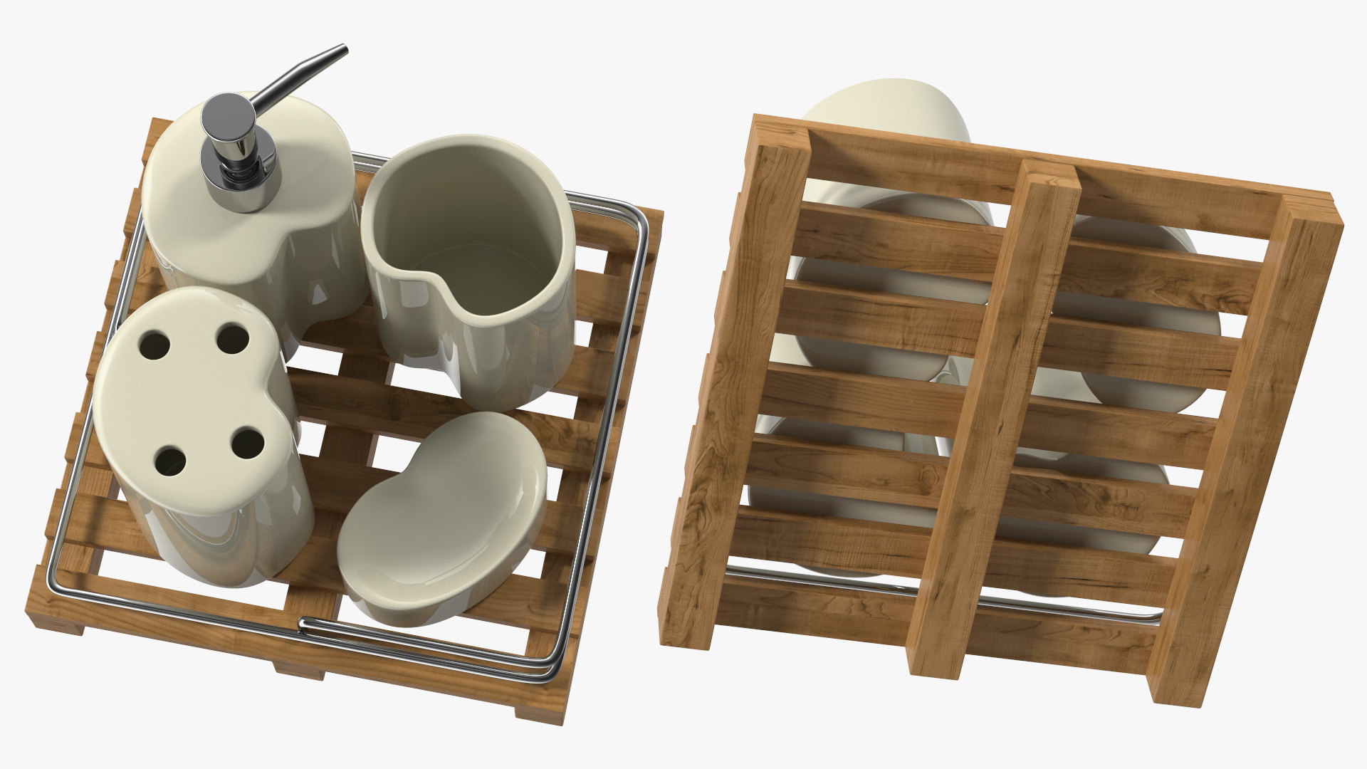 Bathroom Accessory Set Wooden Rack 3D model