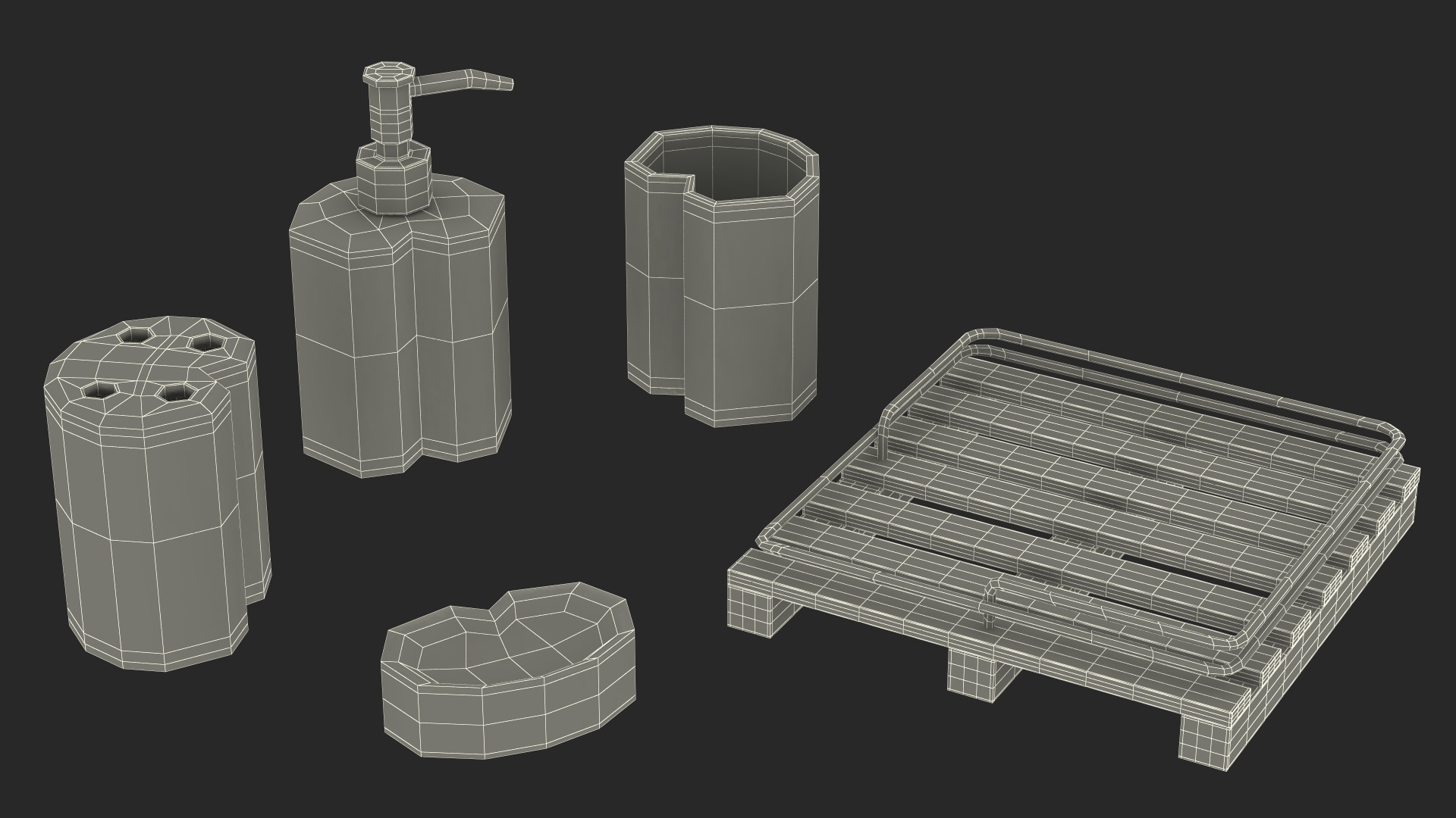 Bathroom Accessory Set Wooden Rack 3D model