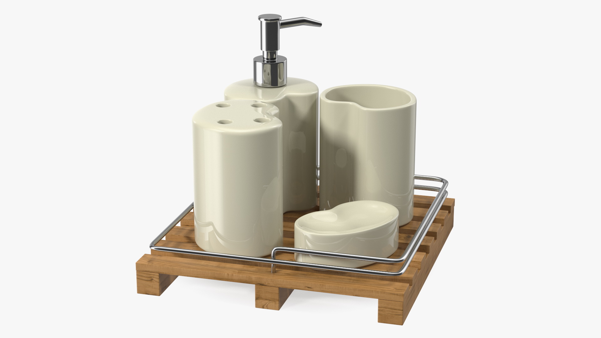 Bathroom Accessory Set Wooden Rack 3D model