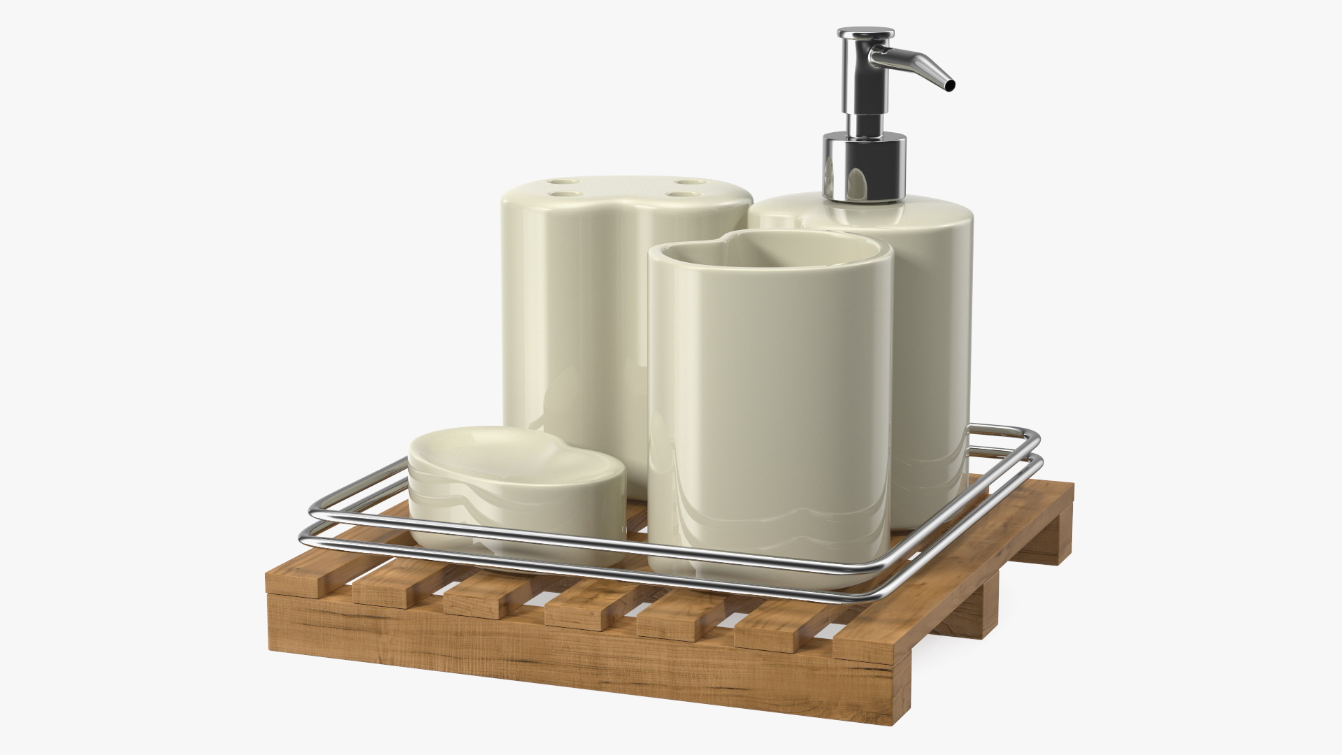Bathroom Accessory Set Wooden Rack 3D model