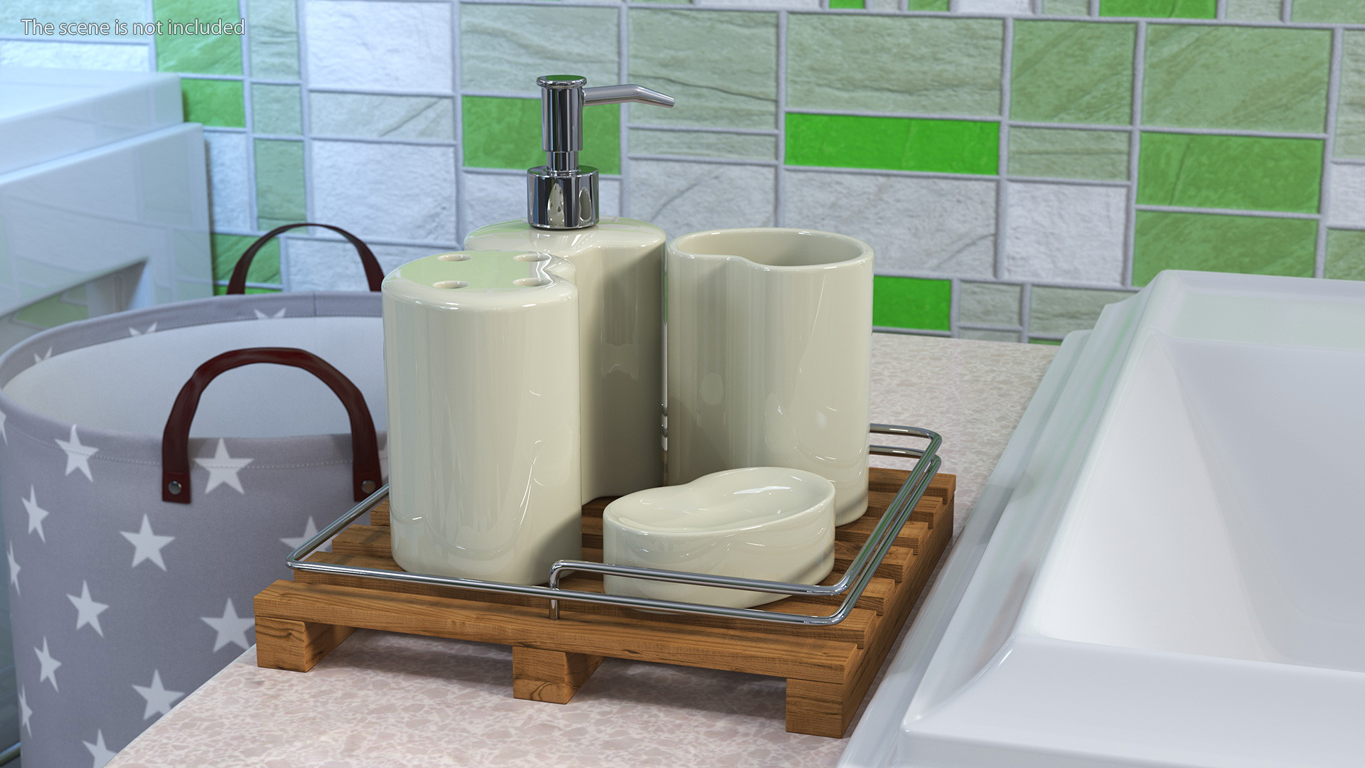 Bathroom Accessory Set Wooden Rack 3D model