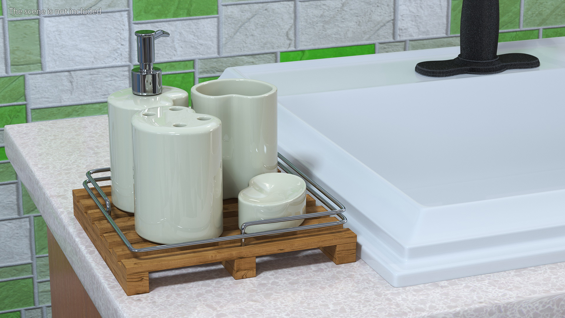 Bathroom Accessory Set Wooden Rack 3D model