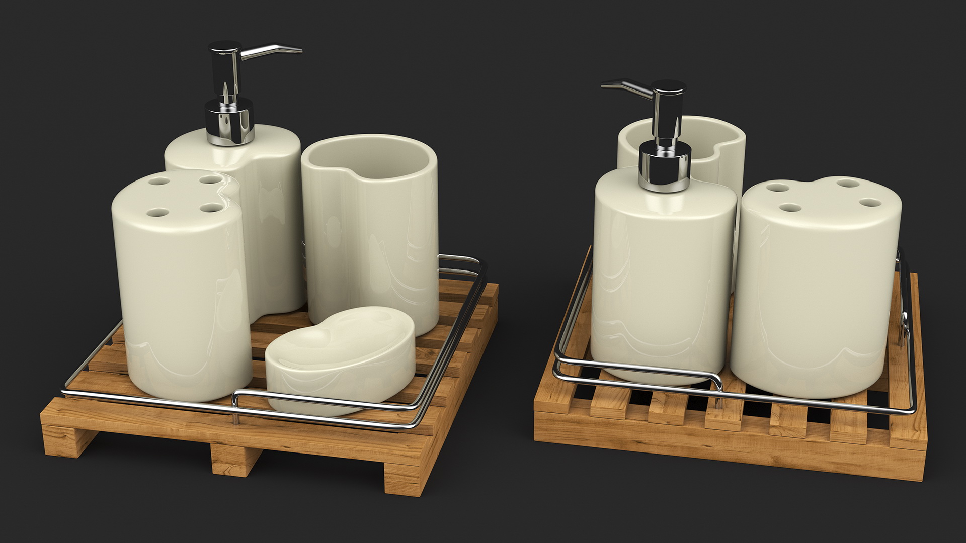 Bathroom Accessory Set Wooden Rack 3D model