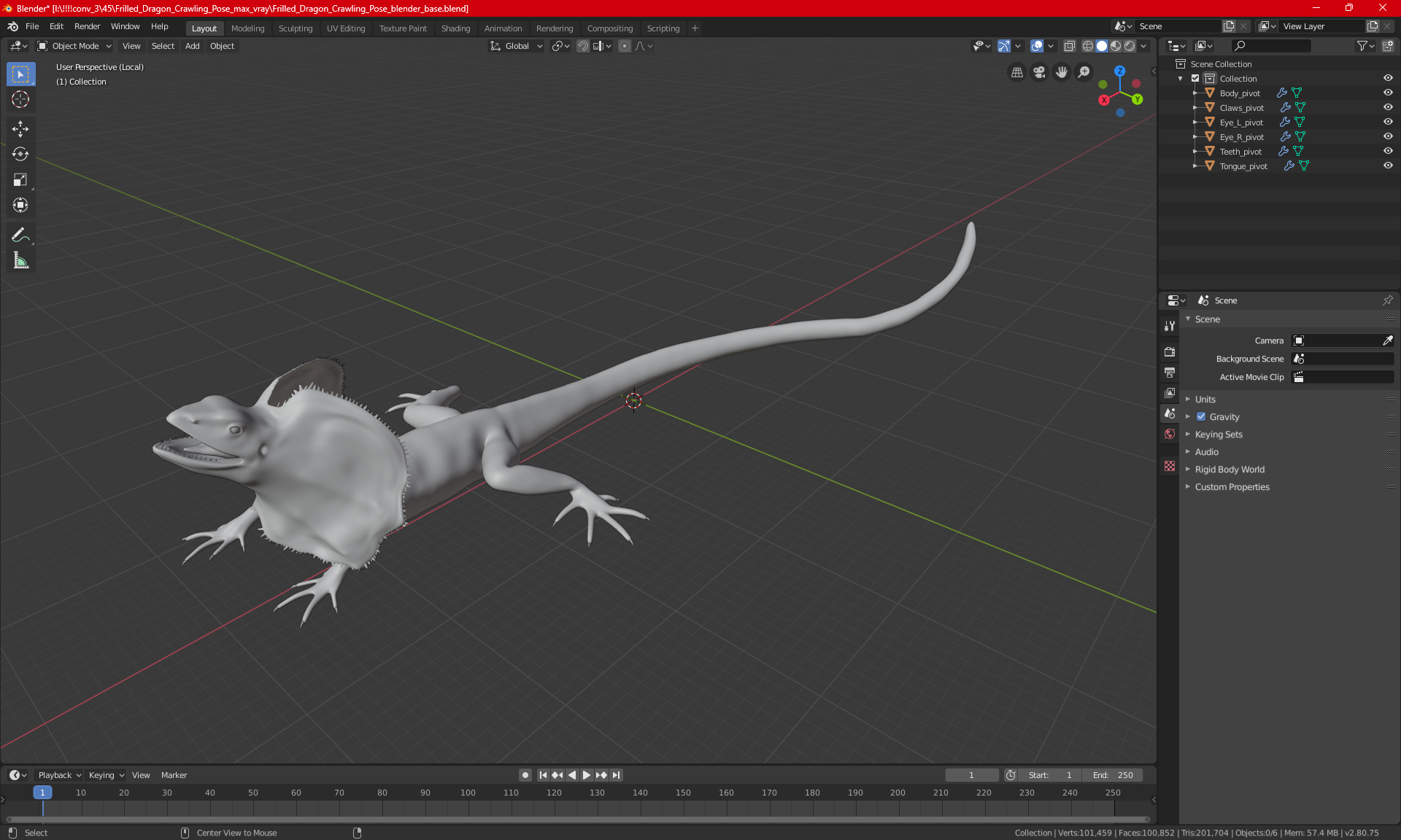 3D Frilled Dragon Crawling Pose model