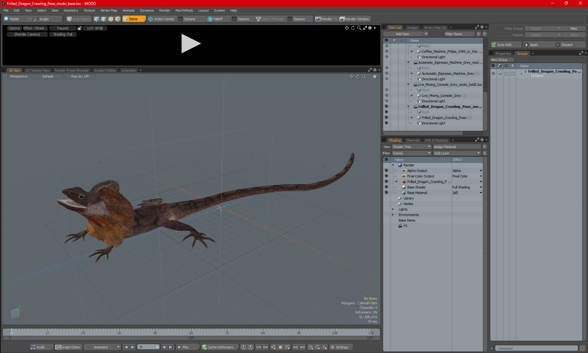 3D Frilled Dragon Crawling Pose model