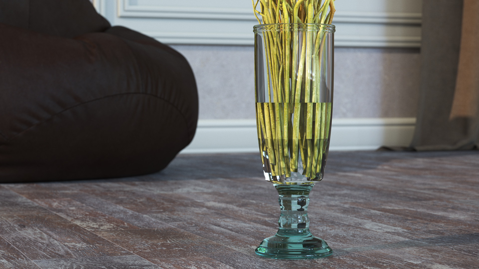 Curly Willow Branches with Leafs in Glass Vase, view 8