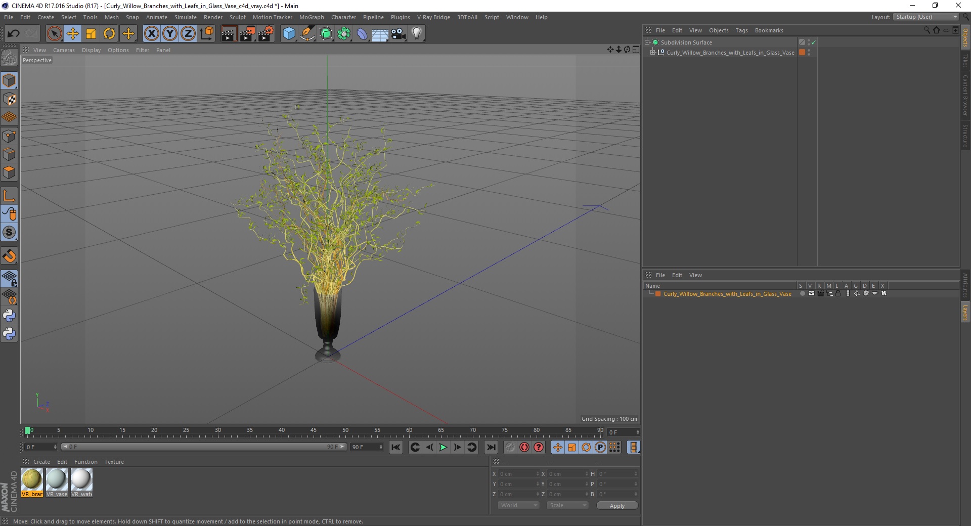 3D Curly Willow Branches with Leafs in Glass Vase