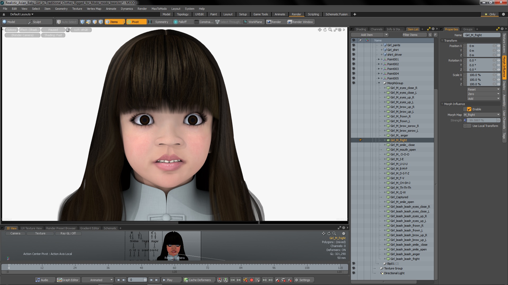 Realistic Asian Baby Girl in Traditional Clothes Rigged for Modo 3D model