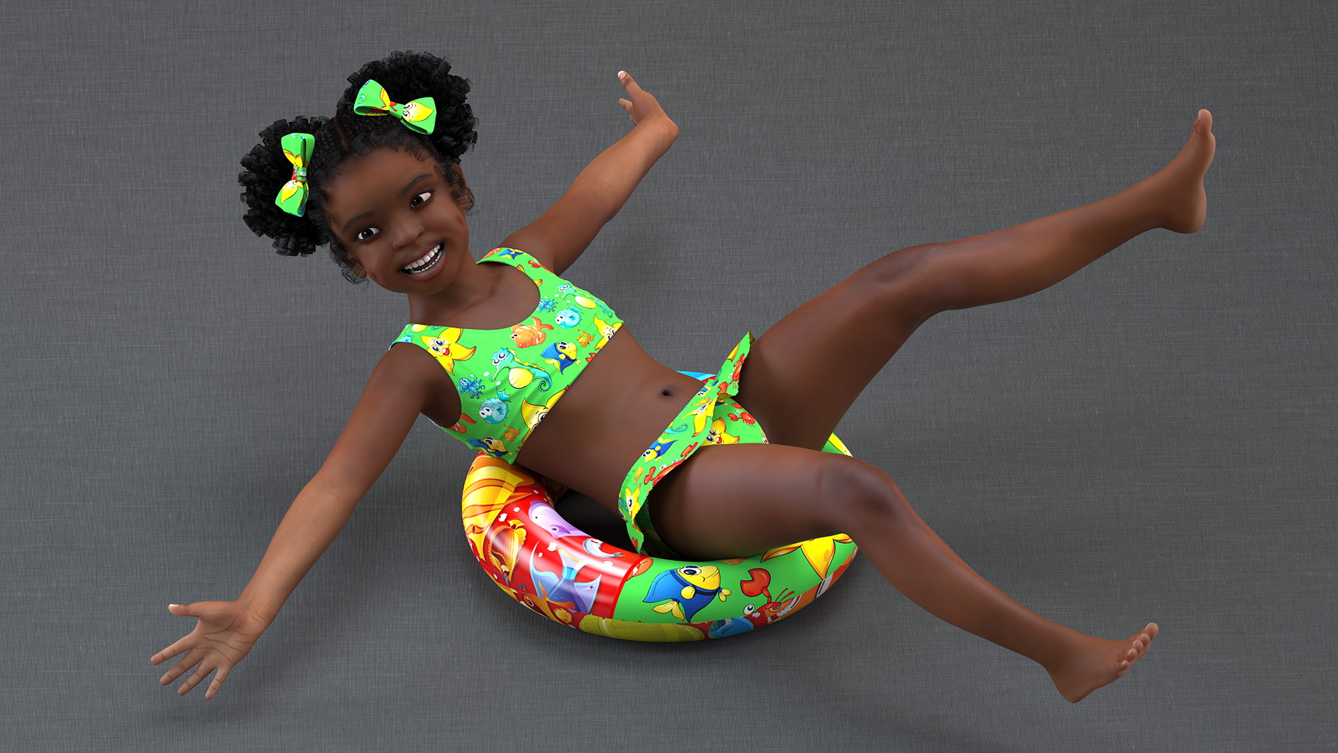 Swimming Inflatable Circle Black Girl Child Swimsuit 3D