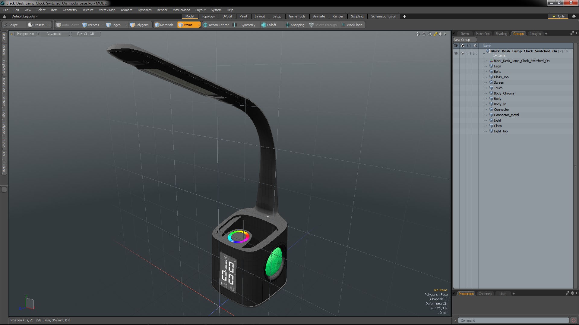 3D Black Desk Lamp Clock Switched On model