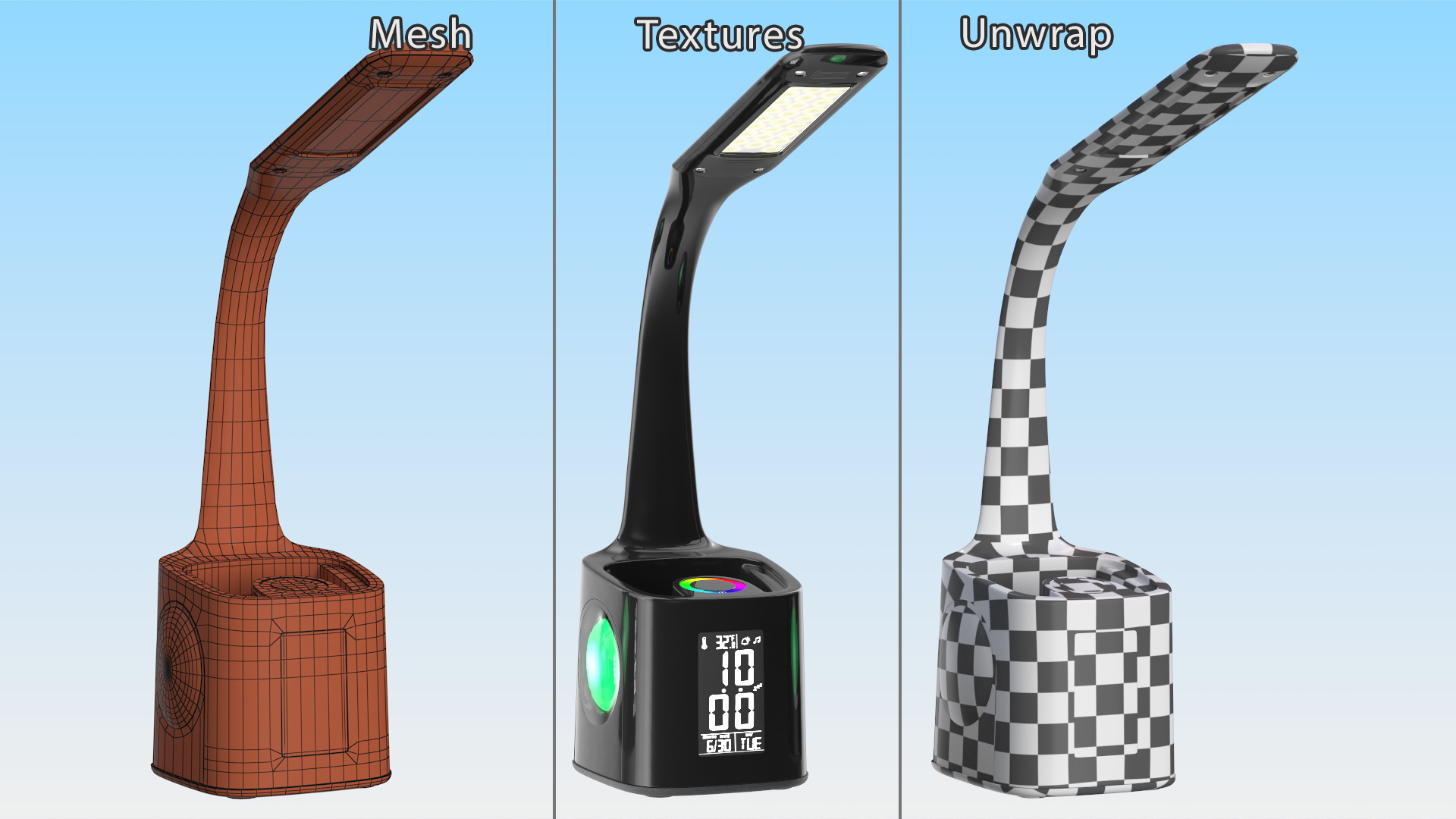 3D Black Desk Lamp Clock Switched On model