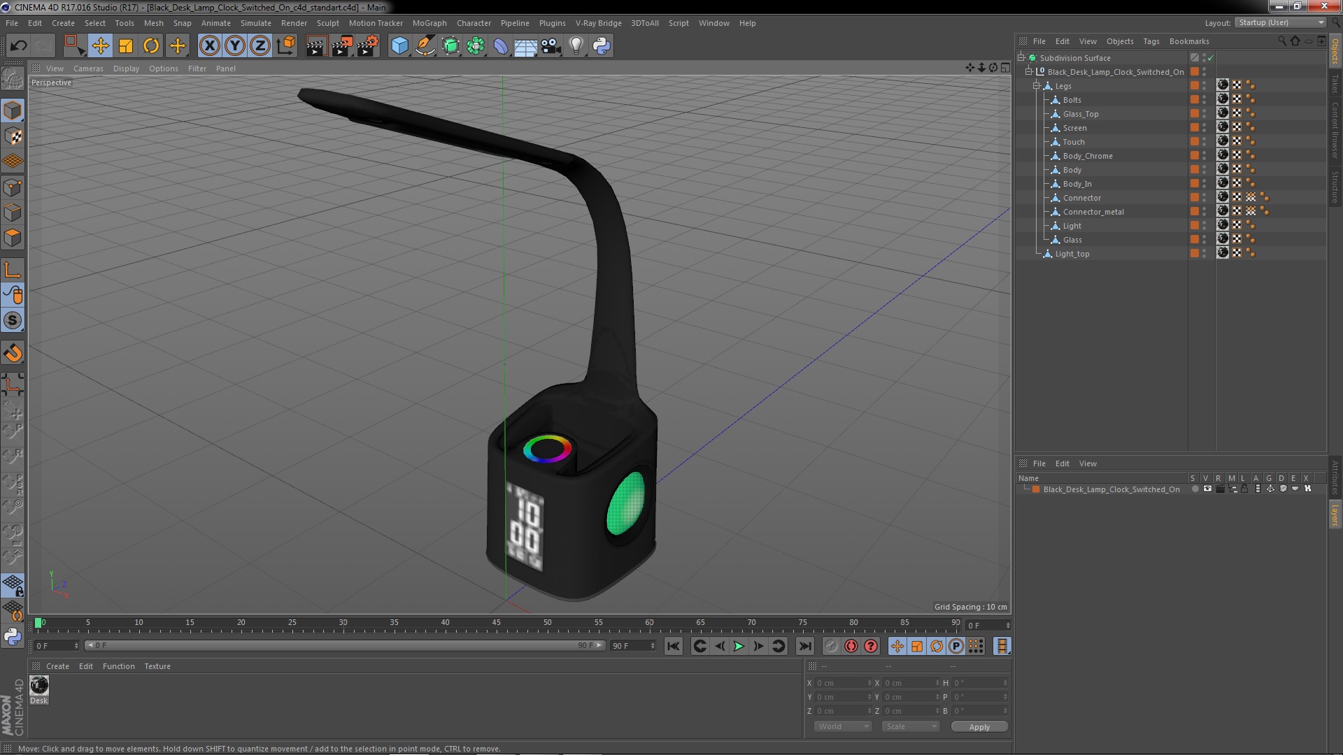 3D Black Desk Lamp Clock Switched On model