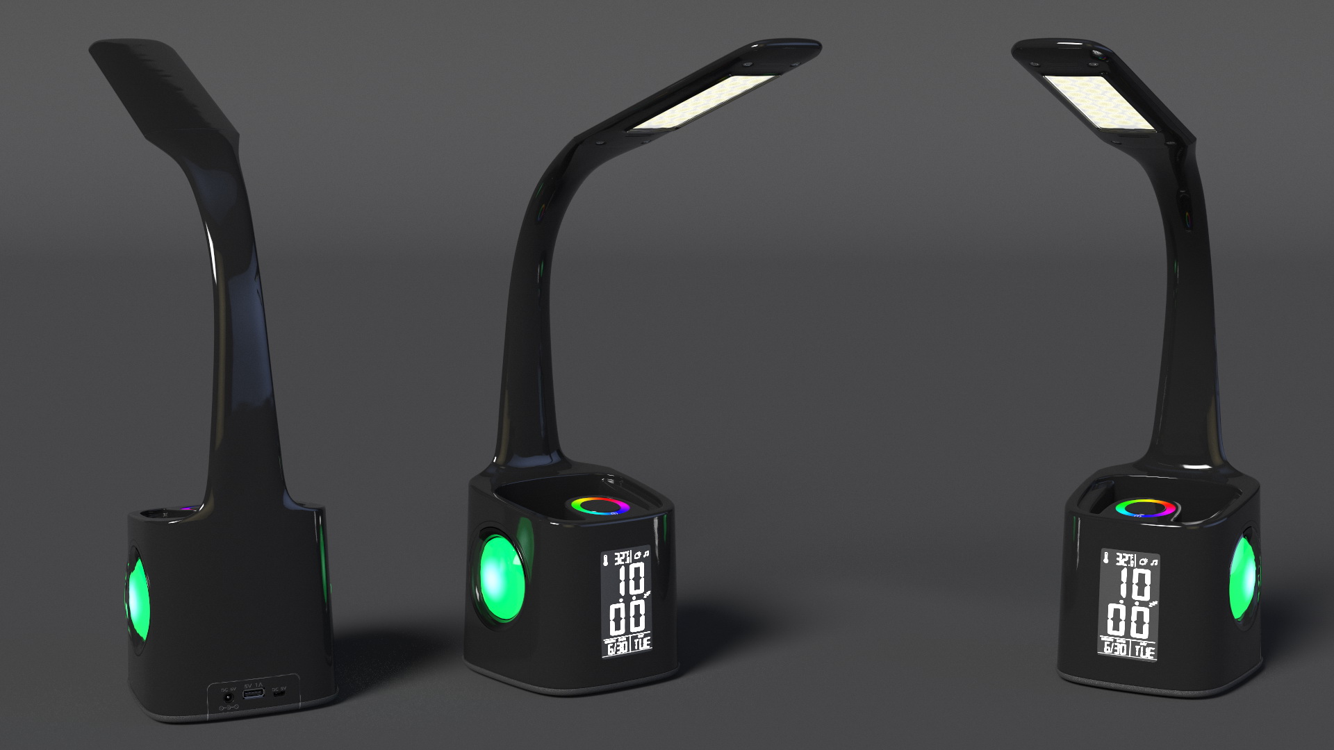 3D Black Desk Lamp Clock Switched On model