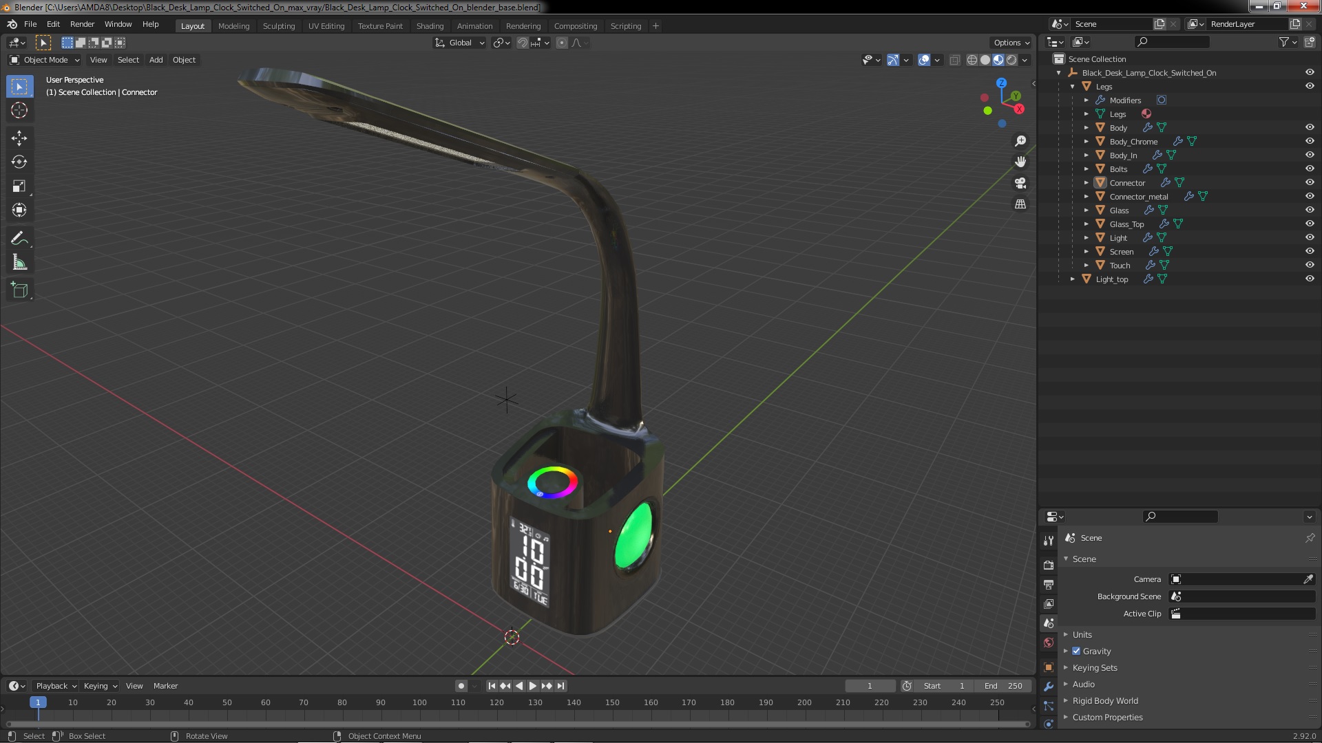 3D Black Desk Lamp Clock Switched On model