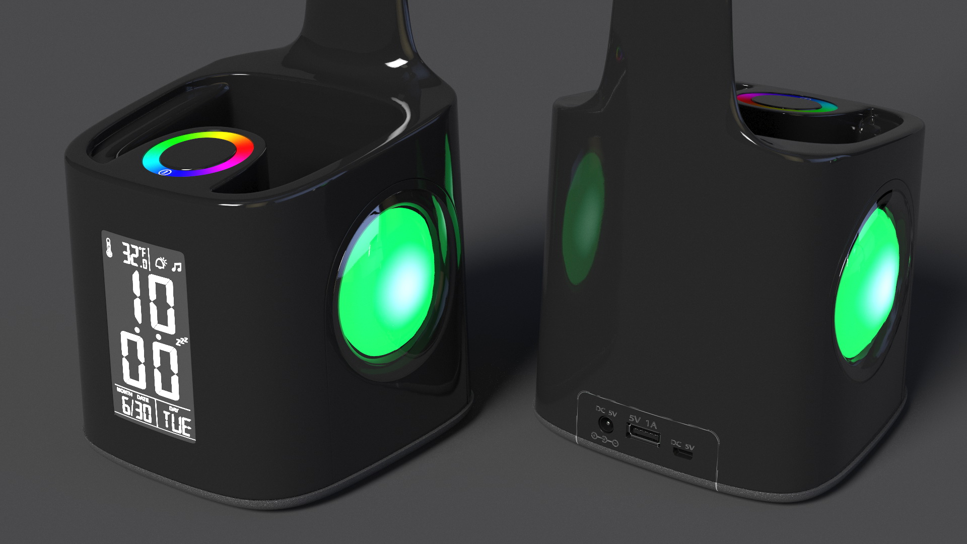 3D Black Desk Lamp Clock Switched On model