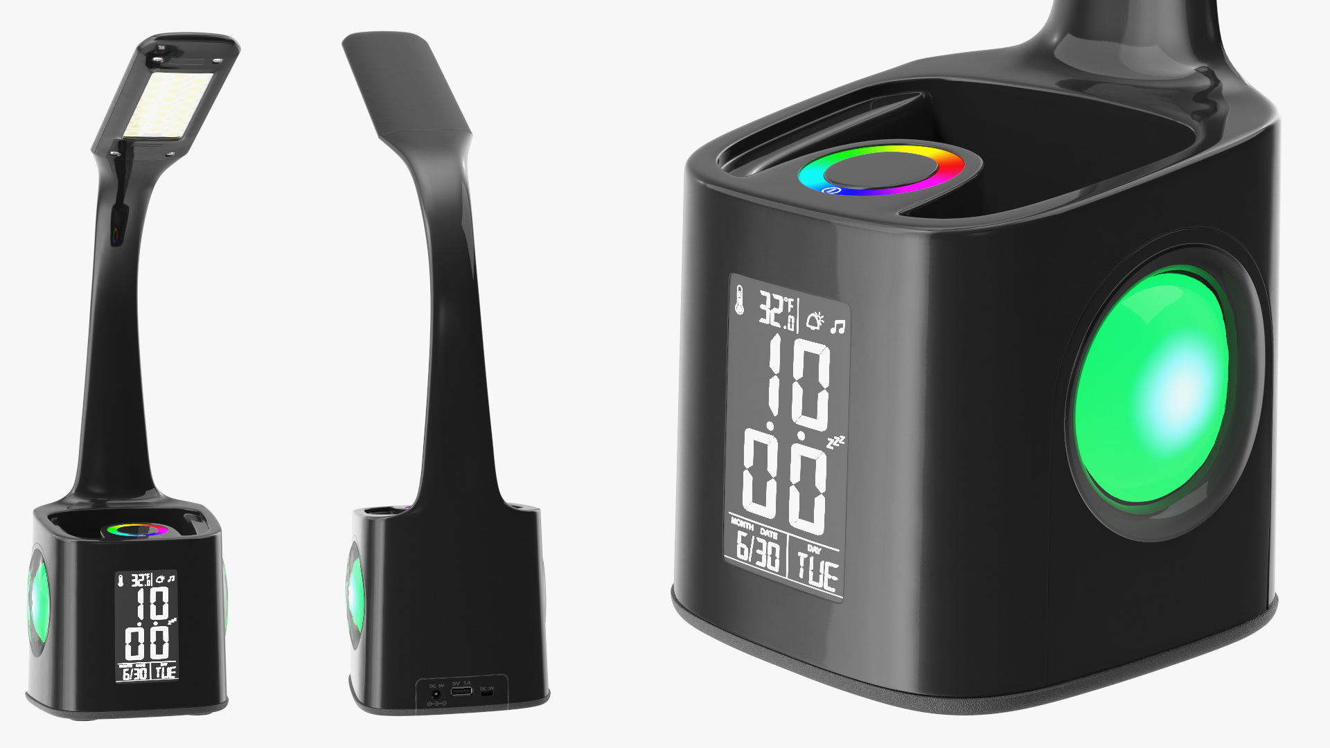 3D Black Desk Lamp Clock Switched On model