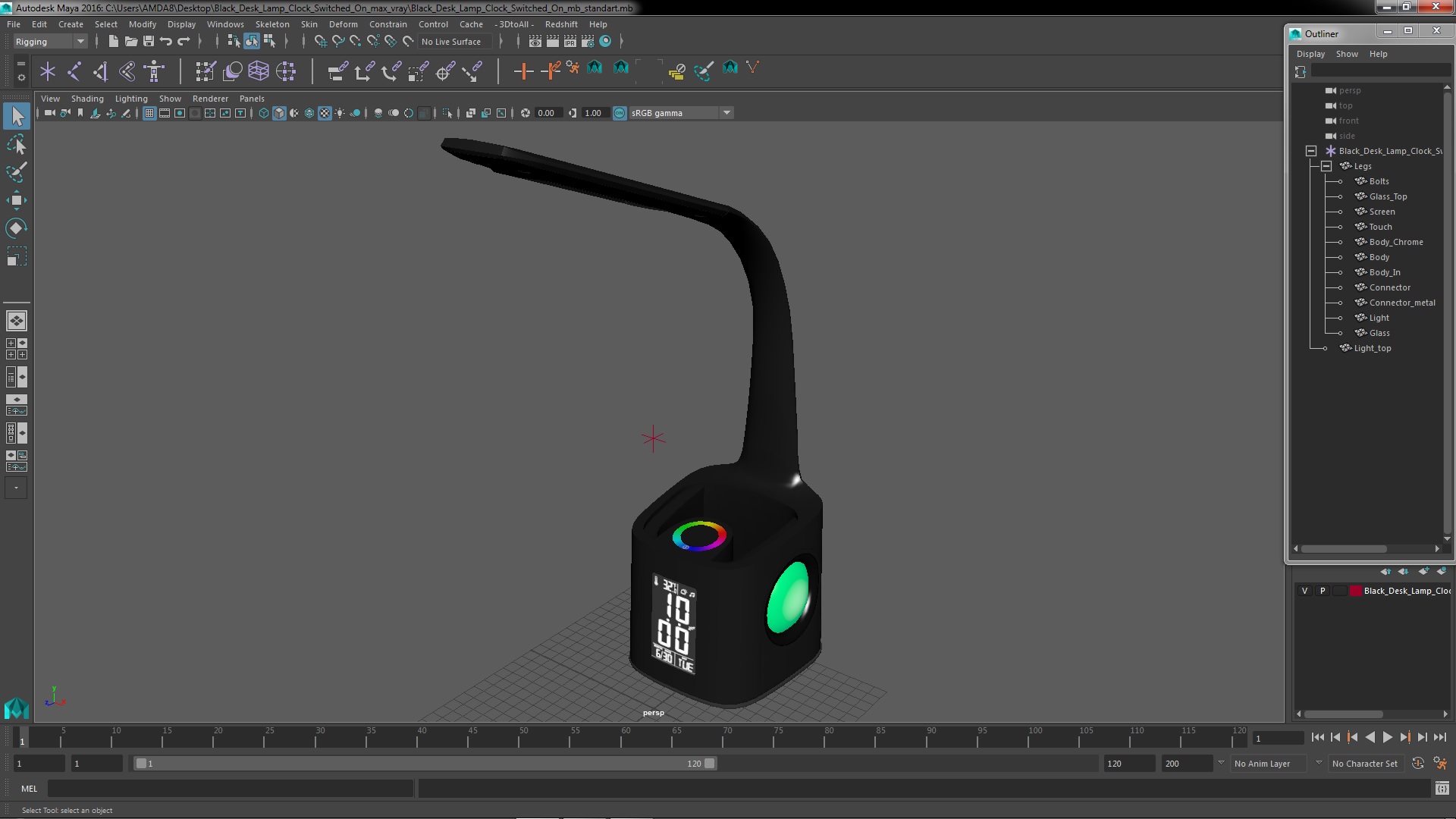 3D Black Desk Lamp Clock Switched On model