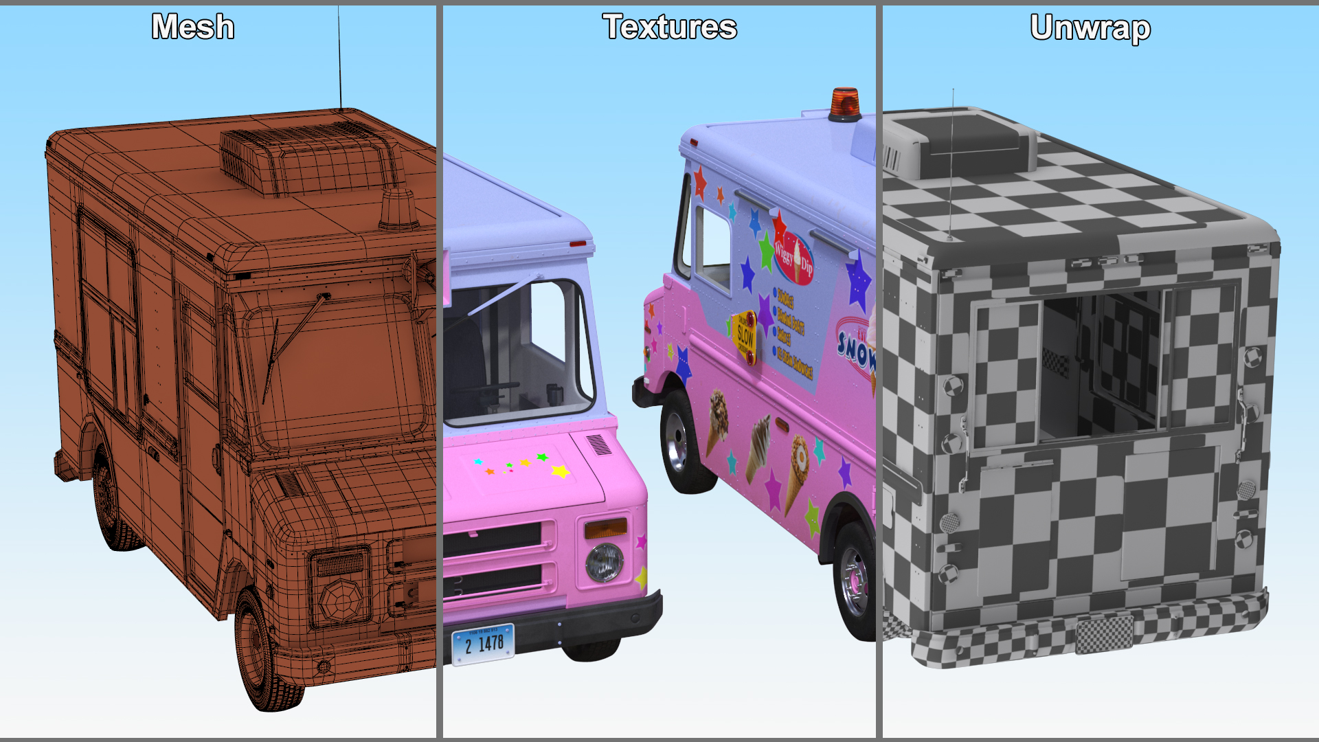 Ice Cream Truck with Star Decals and Branding Rigged 3D