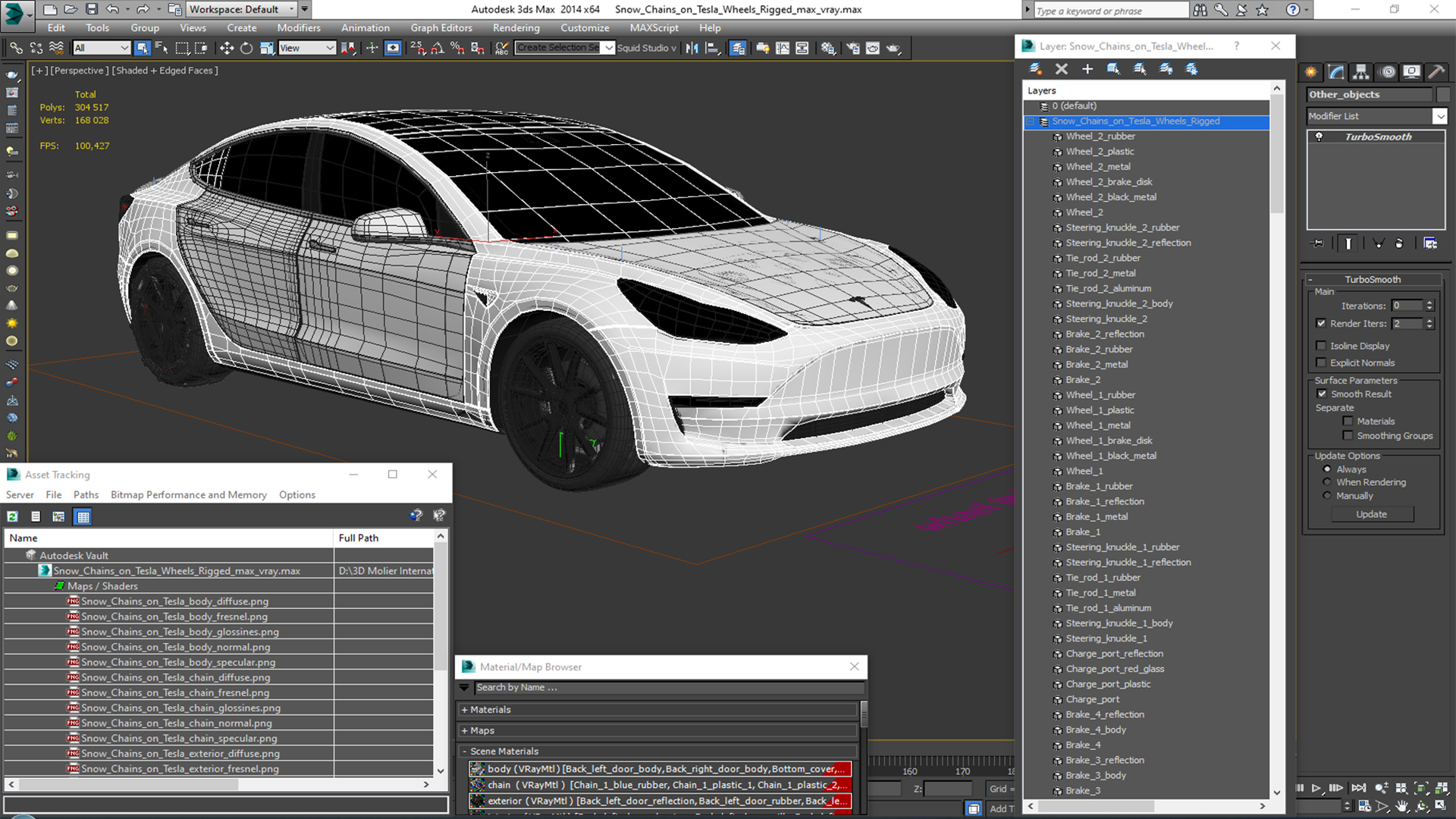 3D Snow Chains on Tesla Wheels Rigged for Cinema 4D model