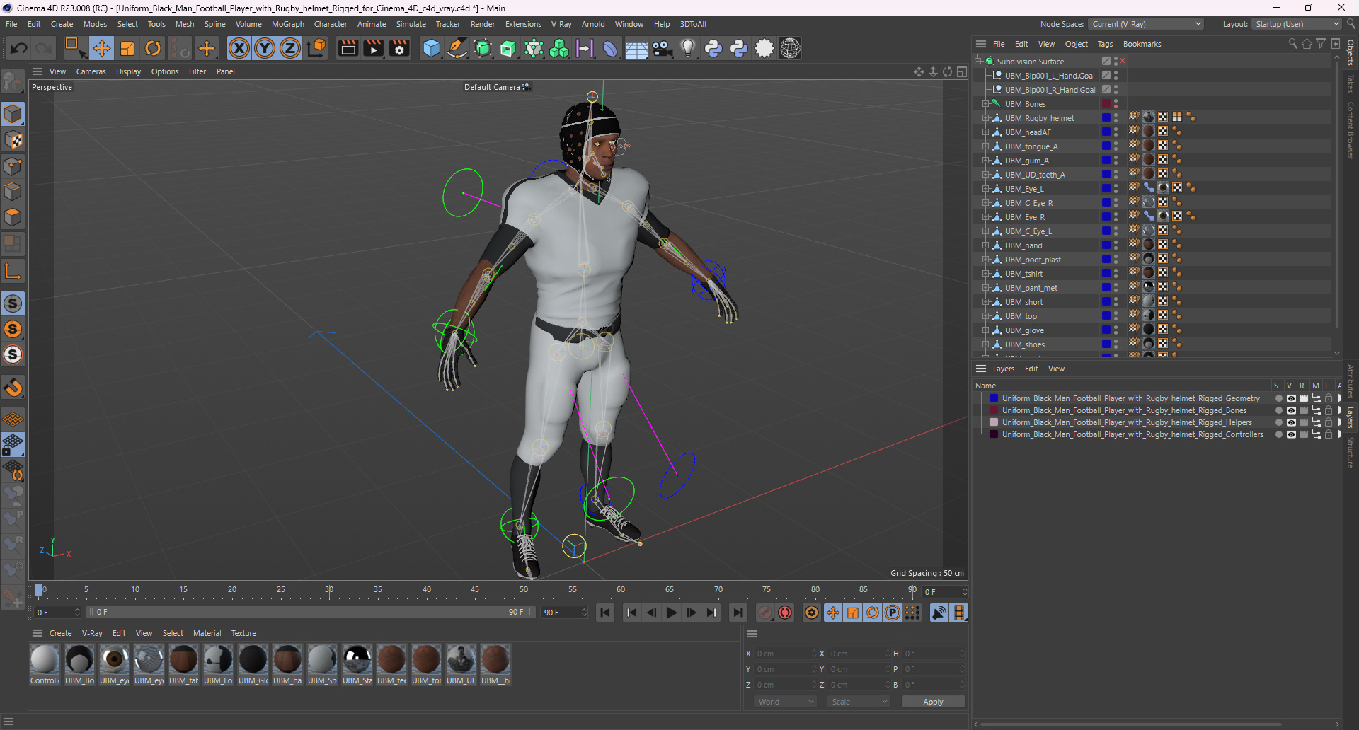 Uniform Black Man Football Player with Rugby Helmet Rigged for Cinema 4D 3D