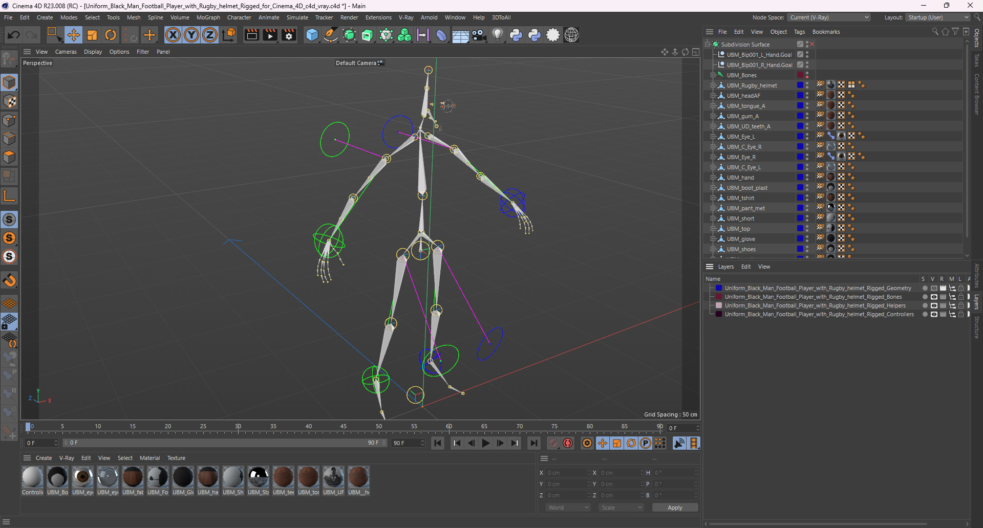 Uniform Black Man Football Player with Rugby Helmet Rigged for Cinema 4D 3D