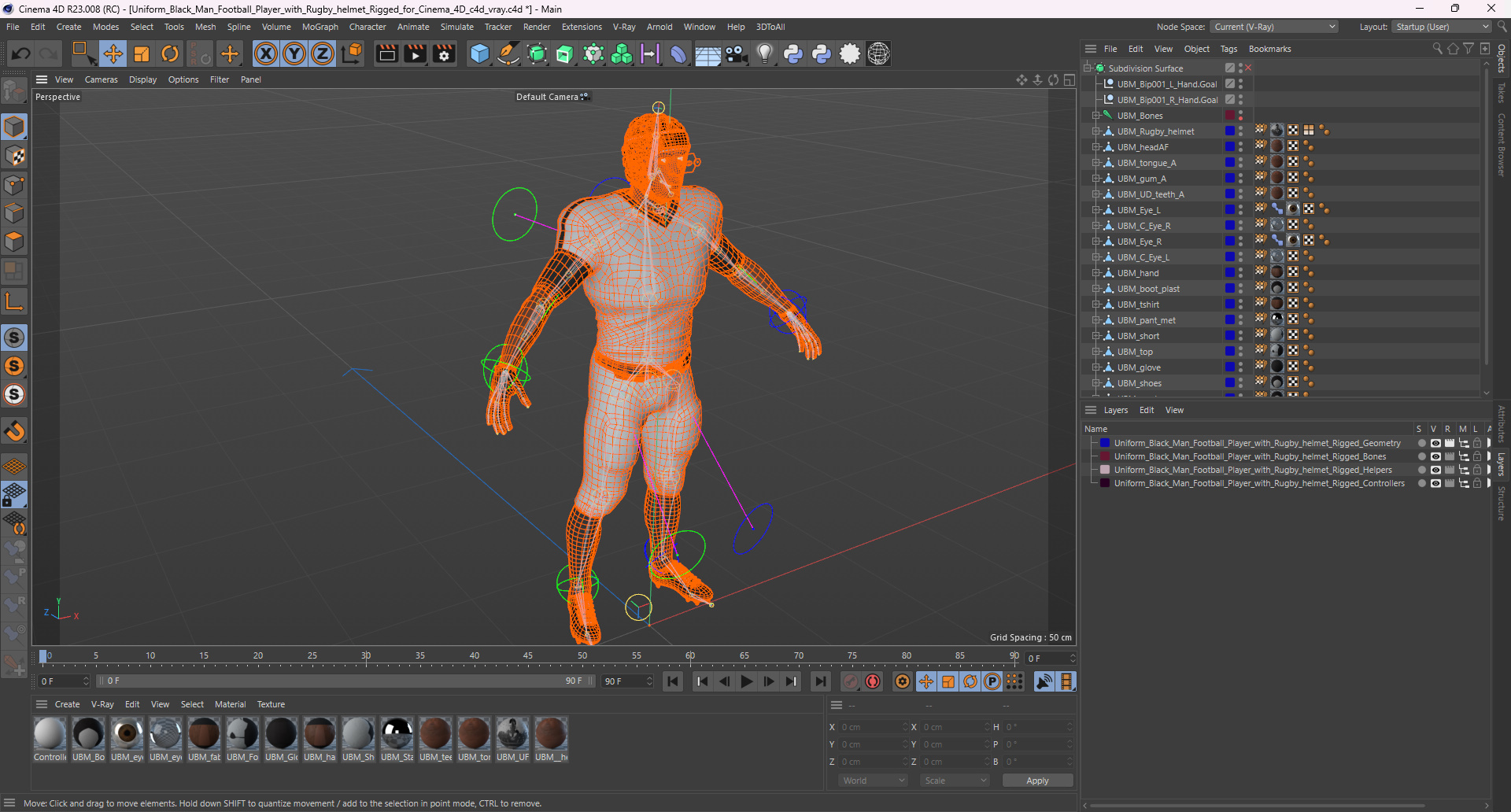 Uniform Black Man Football Player with Rugby Helmet Rigged for Cinema 4D 3D