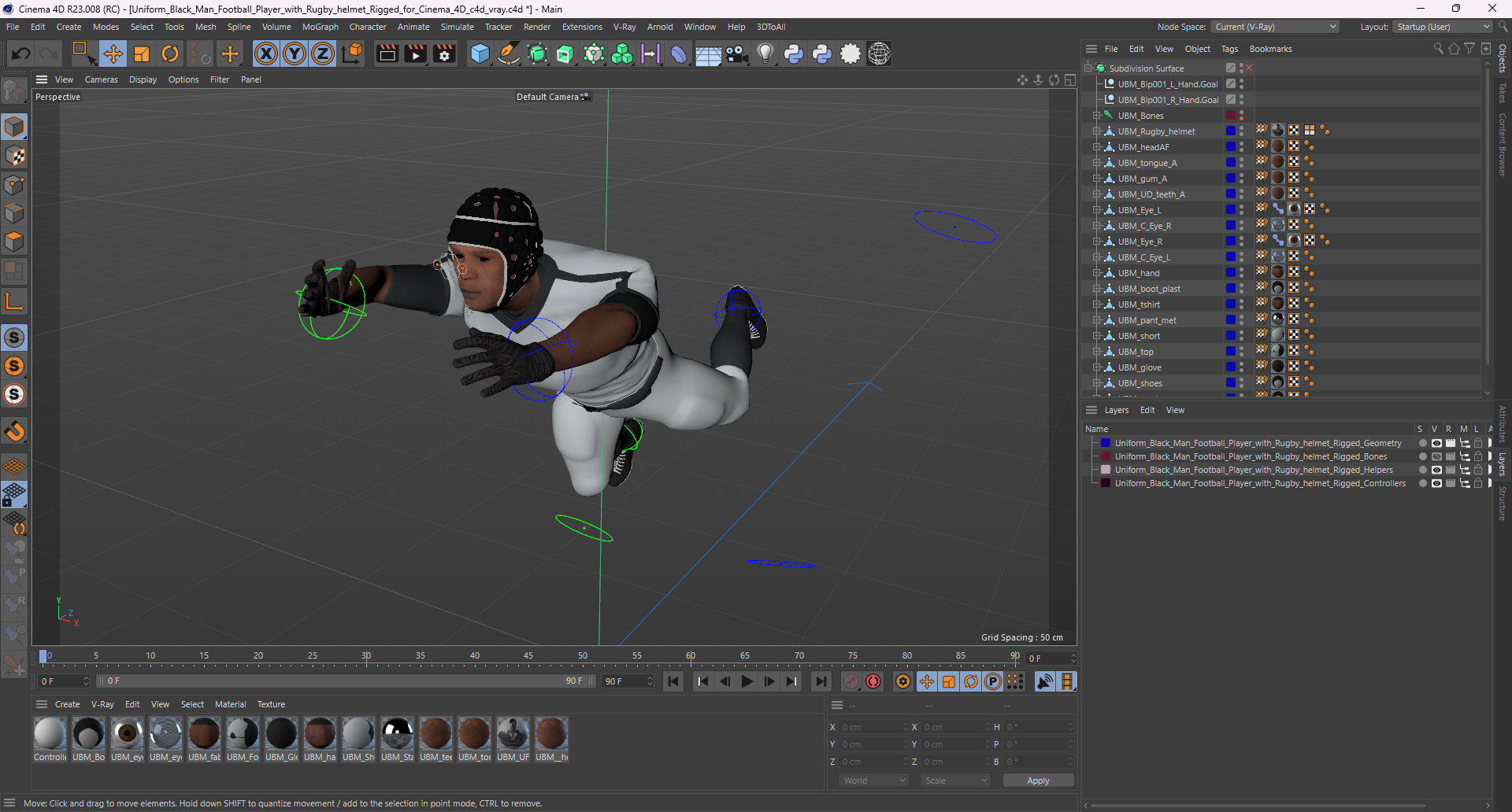 Uniform Black Man Football Player with Rugby Helmet Rigged for Cinema 4D 3D