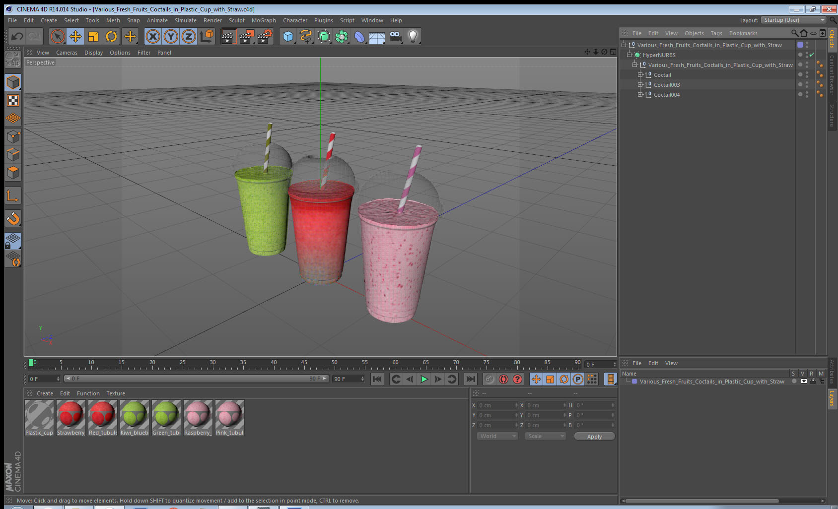 3D model Various Fresh Fruits Coctails in Plastic Cup with Straw