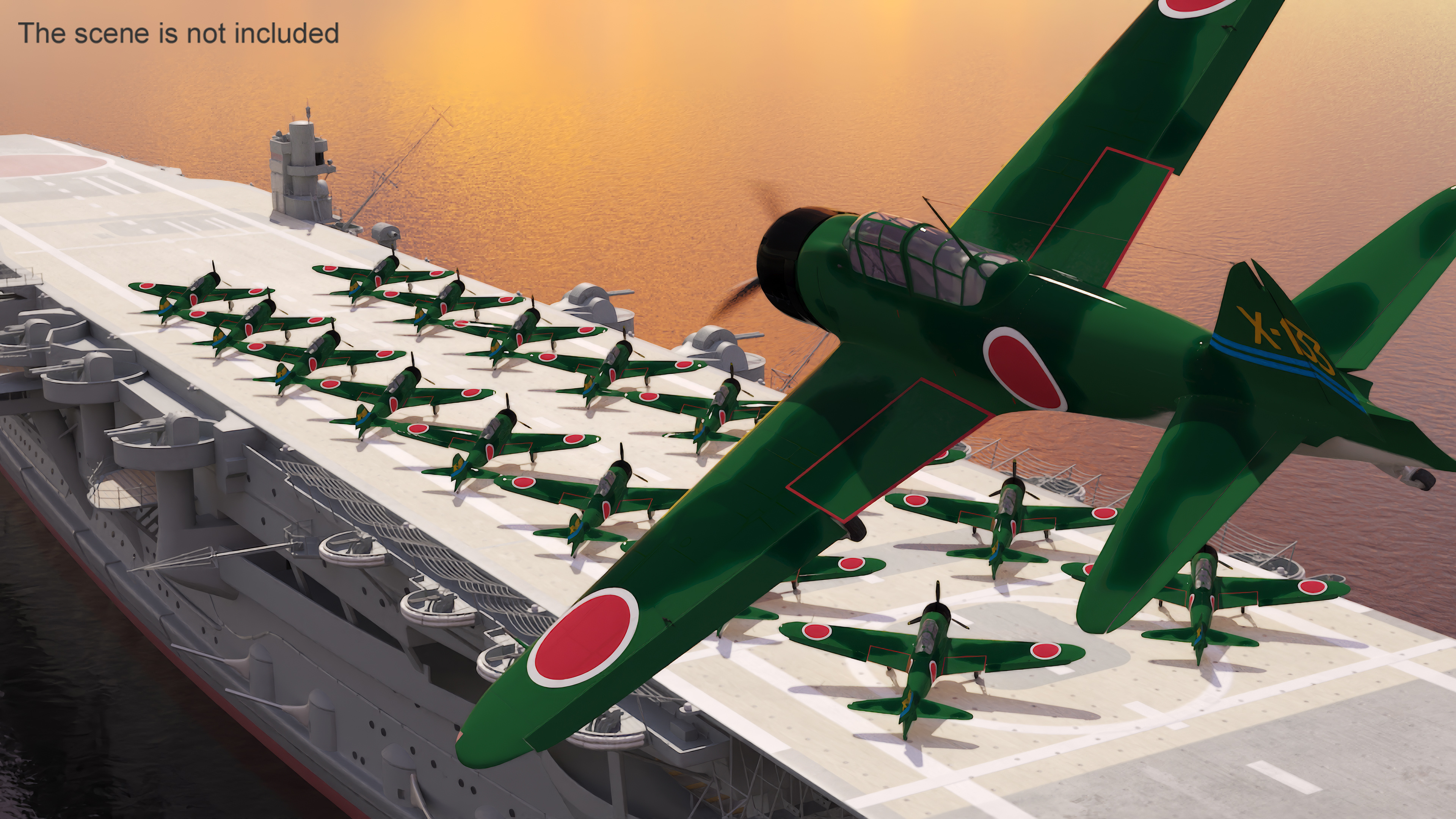Japanese Aircraft Carrier Kaga with A6M Zero Light Deck Fighters 3D model