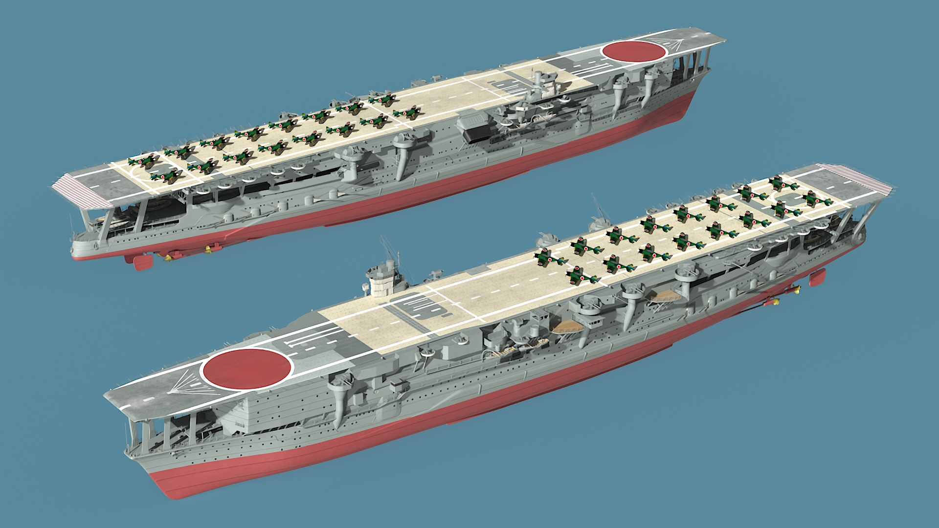 Japanese Aircraft Carrier Kaga with A6M Zero Light Deck Fighters 3D model